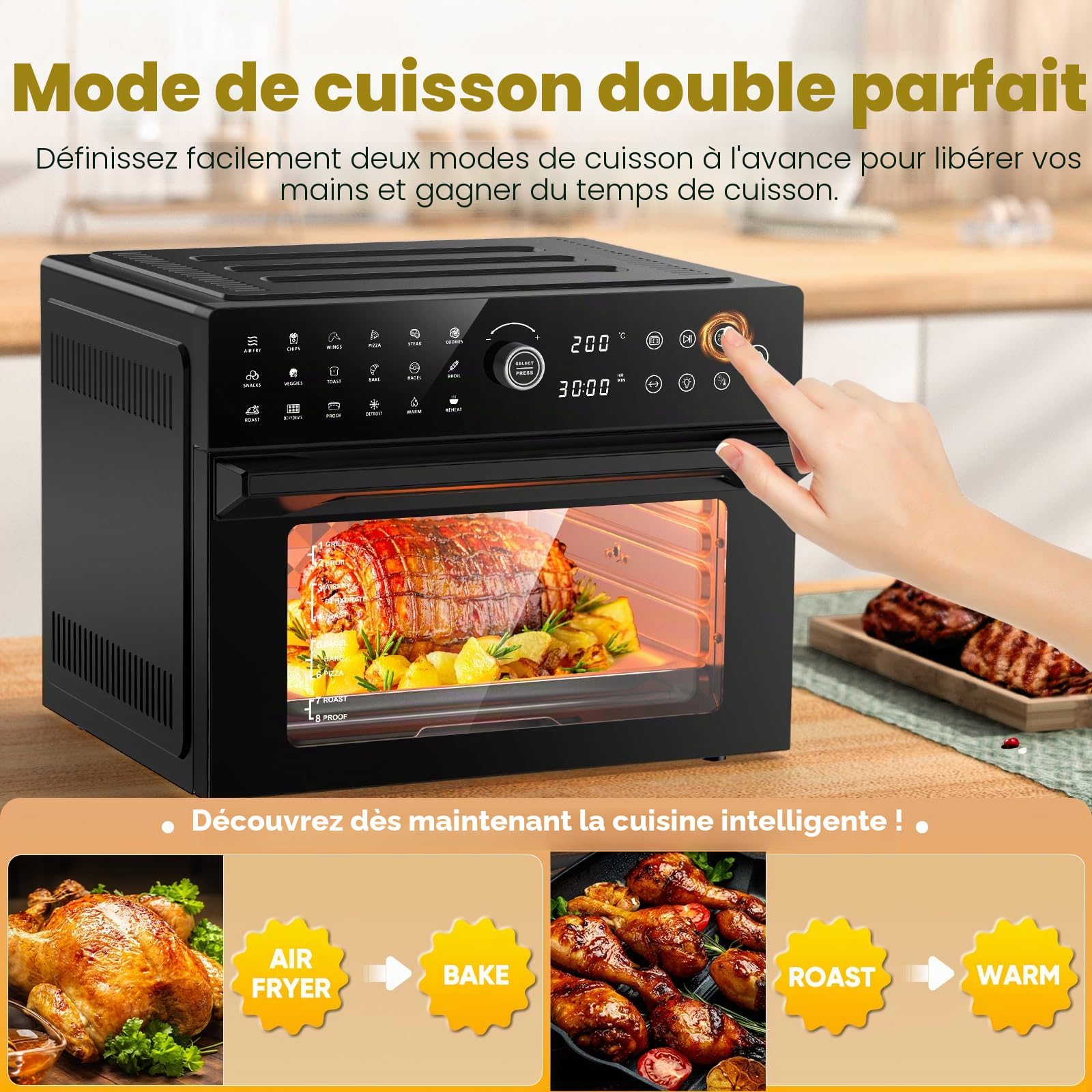 30L Friteuse Air Fryer XXL Mini Four Électrique Écran Tactile LED, Air Fryer Grande Capacité avec 20 Programmes et Deux Modes de Cuisson, 1800W Airfryer Chaud Oven Sans Huile, 8h Timer, 7 Annexes