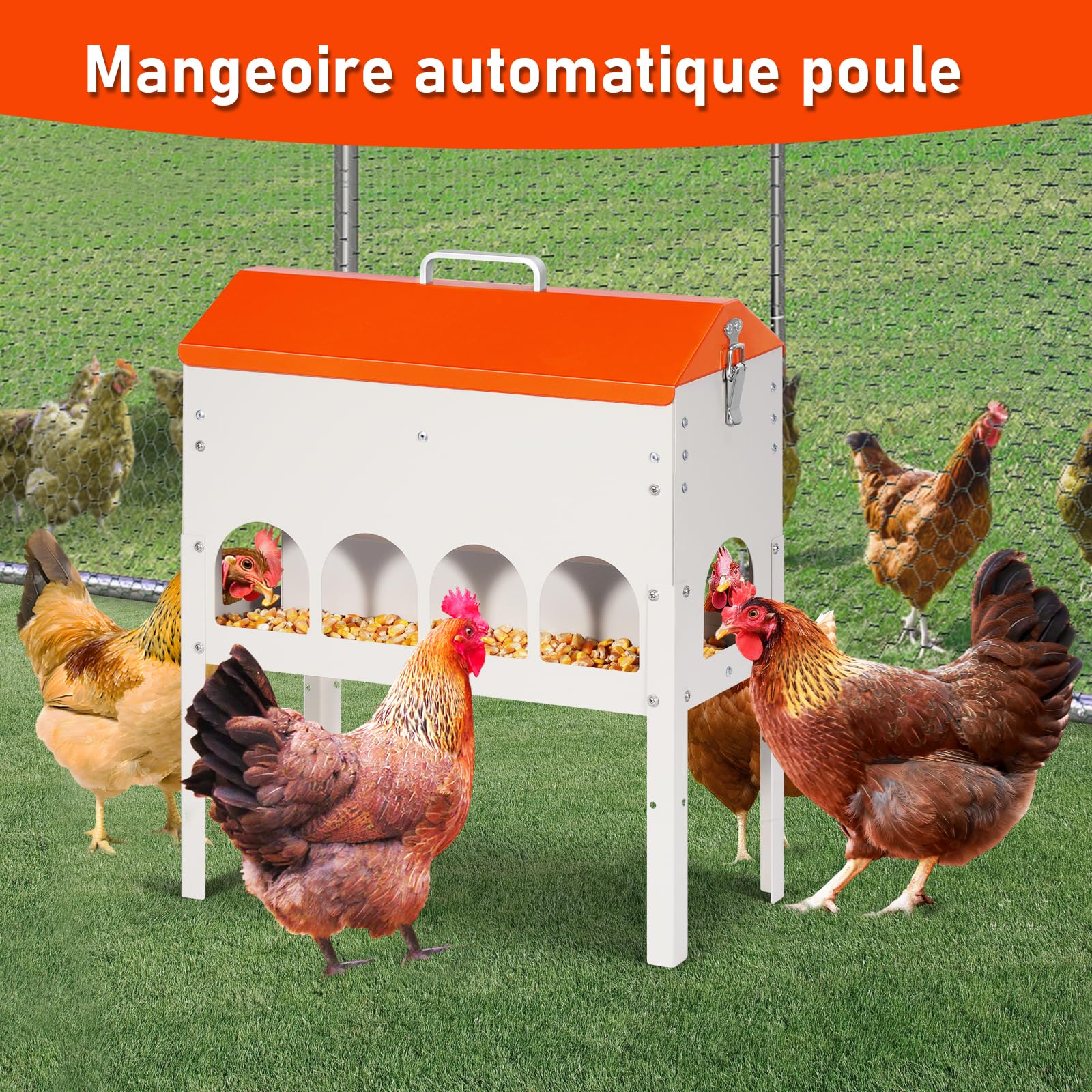 Mangeoire Automatique Poule en Métal, 5kg Distributeur Graines Poules, Poultry Feeder Pigeons Et Canards, Réglable en Hauteur, Accessoire Poulailler