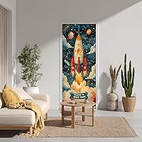 Vista 1 de WOOHOOROO Cubierta de puerta para despegar y pegar, colorido tema de campamento espacial de cohetes, mural para niños, papel tapiz de vinilo