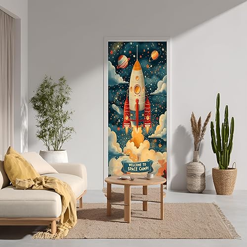 WOOHOOROO Cubierta de puerta para despegar y pegar, colorido tema de campamento espacial de cohetes, mural para niños, papel tapiz de vinilo