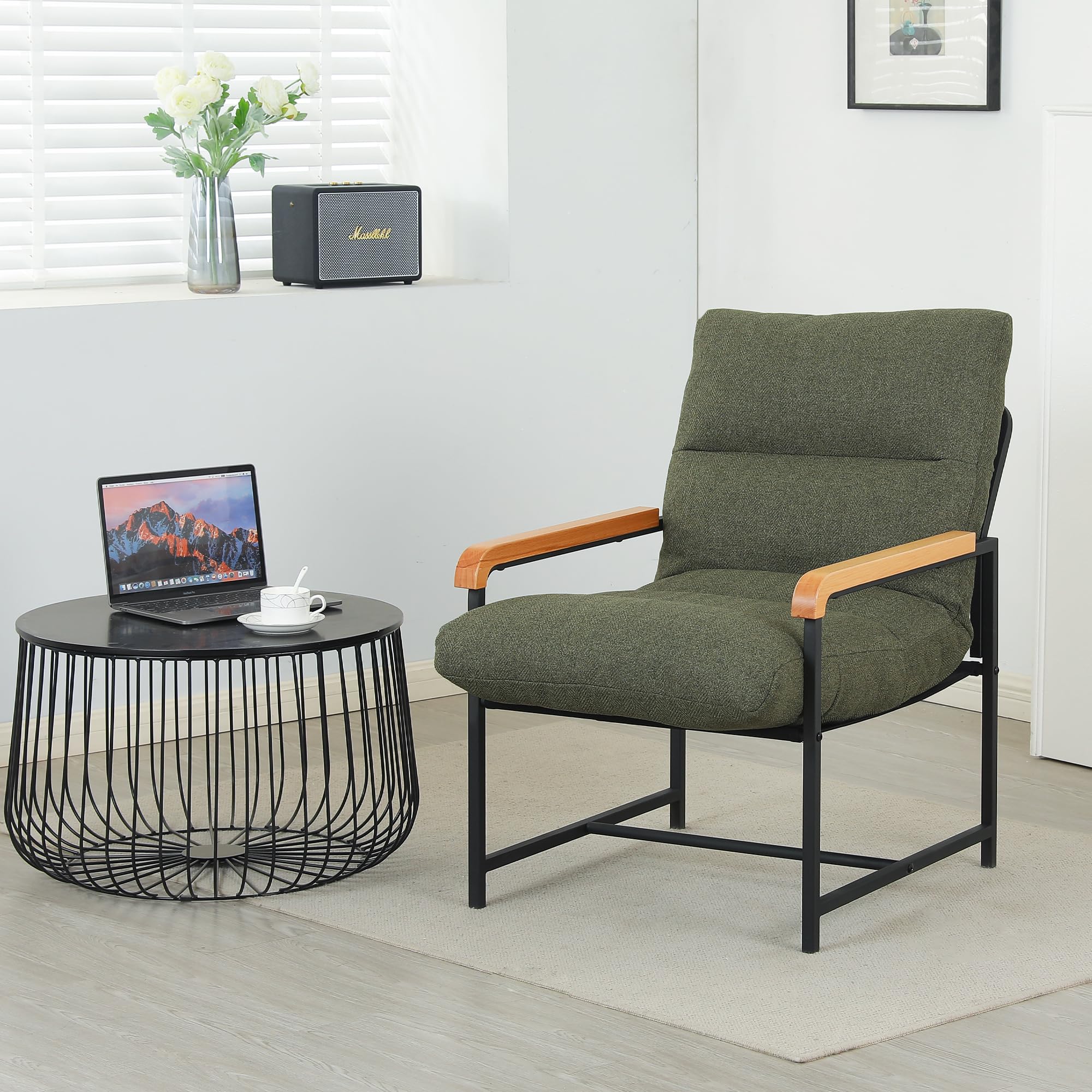 Mingone Sillón con reposabrazos, sillón Acolchado Suave, Silla de cóctel Acolchada Suave, Silla de sofá Individual, Adecuada para Dormitorio, Oficina y Ocio (Verde) | Reposabrazos de madera maciza, sillón tapizado con marco de metal, sillón moderno para s