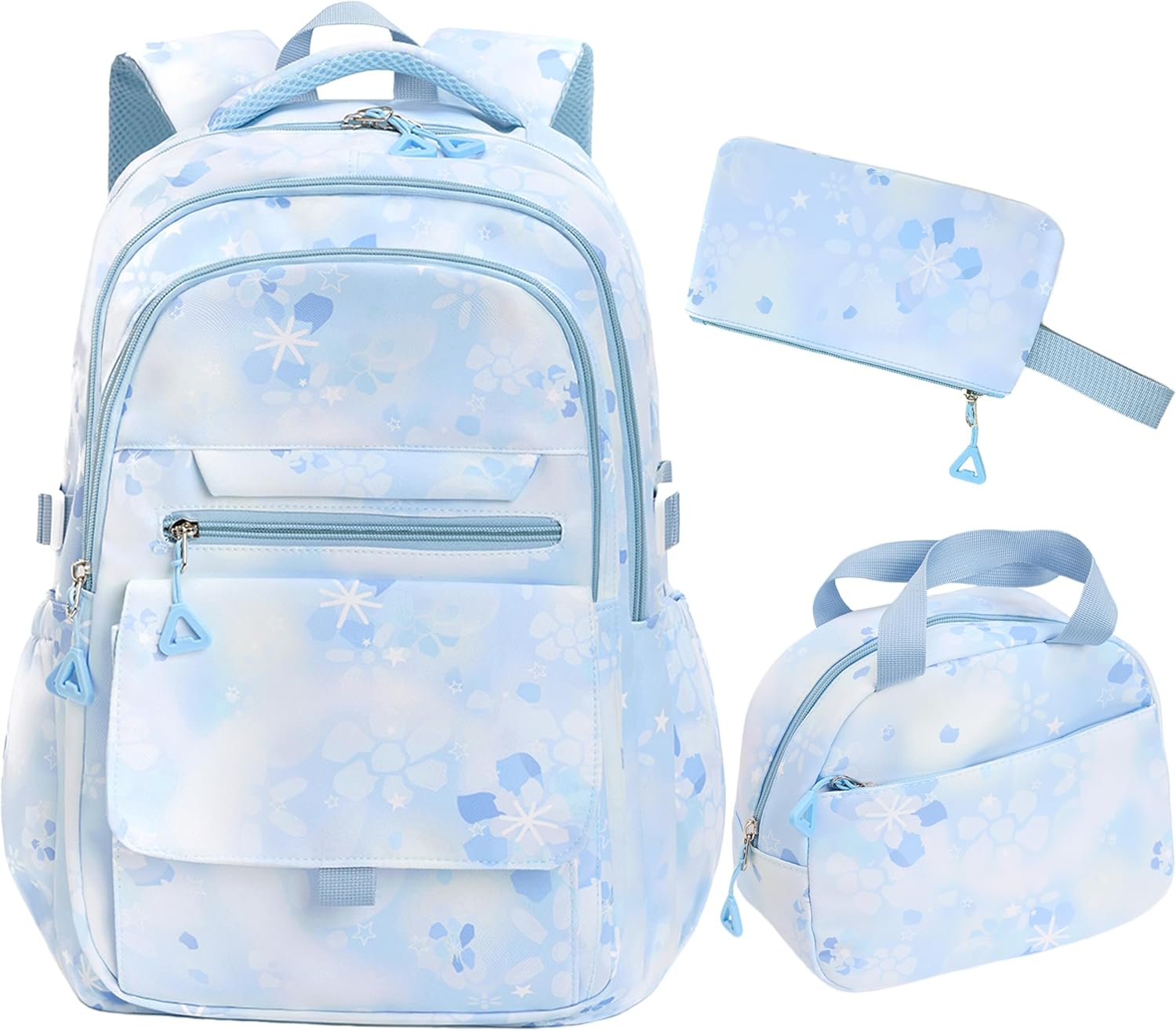 Kids Backpack for Girls Flower schoolbag with Lunch Bag & Pen Case Waterproof Girl Bookbag for Elementary school (blue)