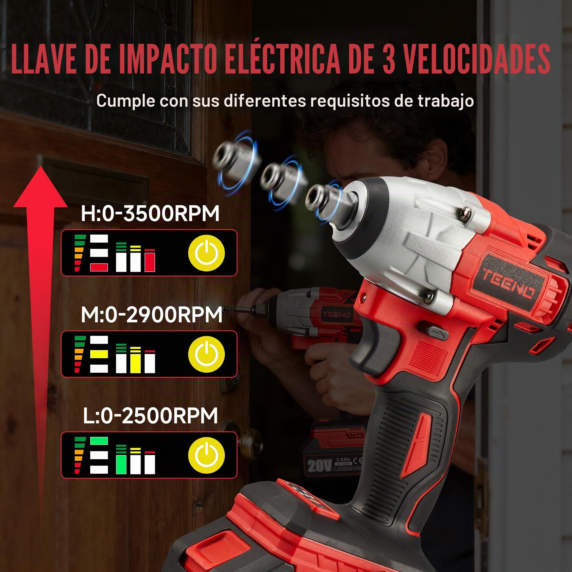 TEENO - Llave de impacto, atornillador de impacto inalámbrica, sin escobillas, 320 Nm, con batería de 3,0 Ah,andamio,pernos de ruedas,caja de 25 accesorios 2 Baterías