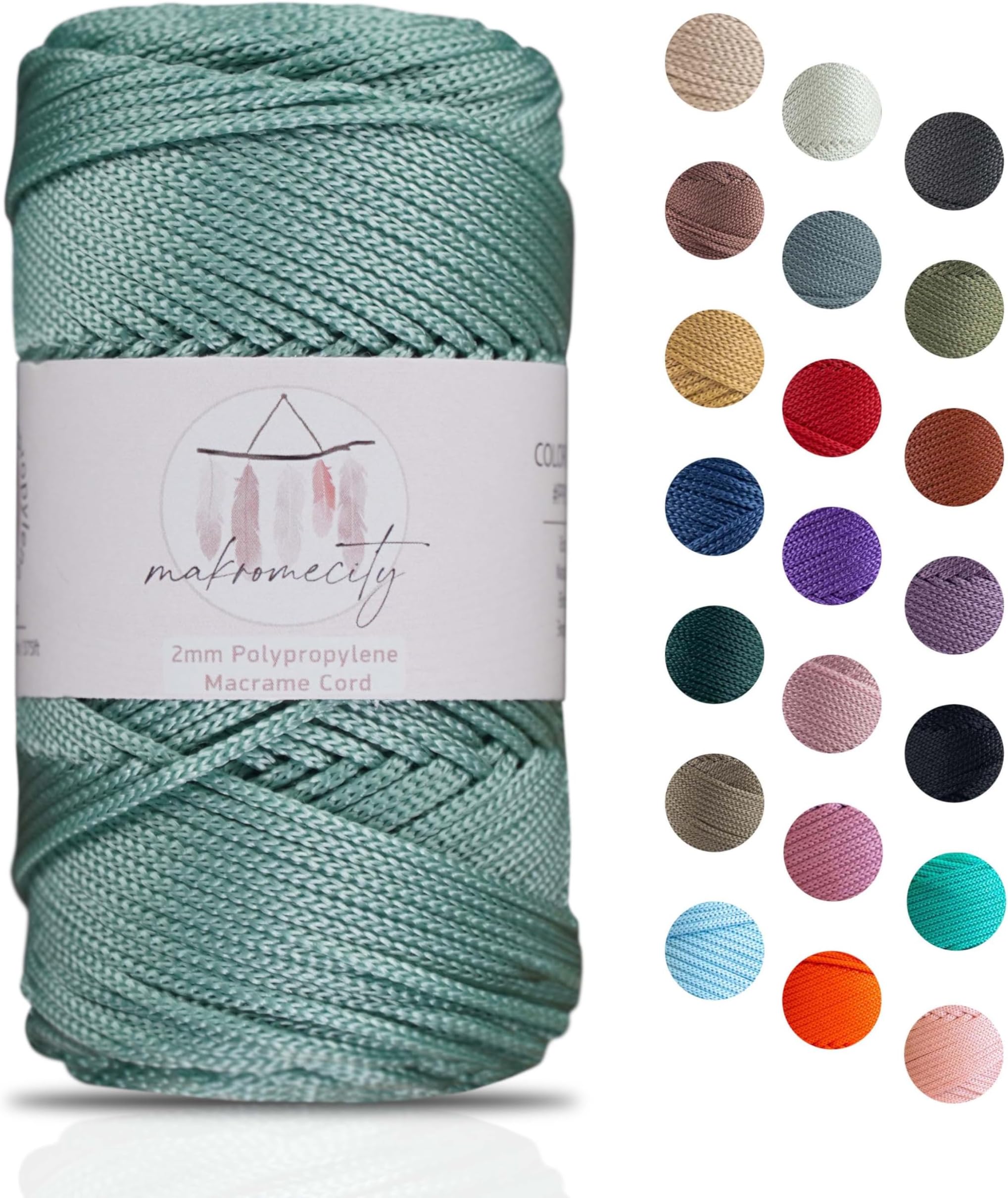 Makromecity, Polyester Macrame Cord 2mm x 125 Yards (375 feet) 2mm Polypropylene Macrame Cord Crochet Macrame Bag Cord Crafts for Wall Hangings, Bags, Underplate, Rug (1, Crepe Green)