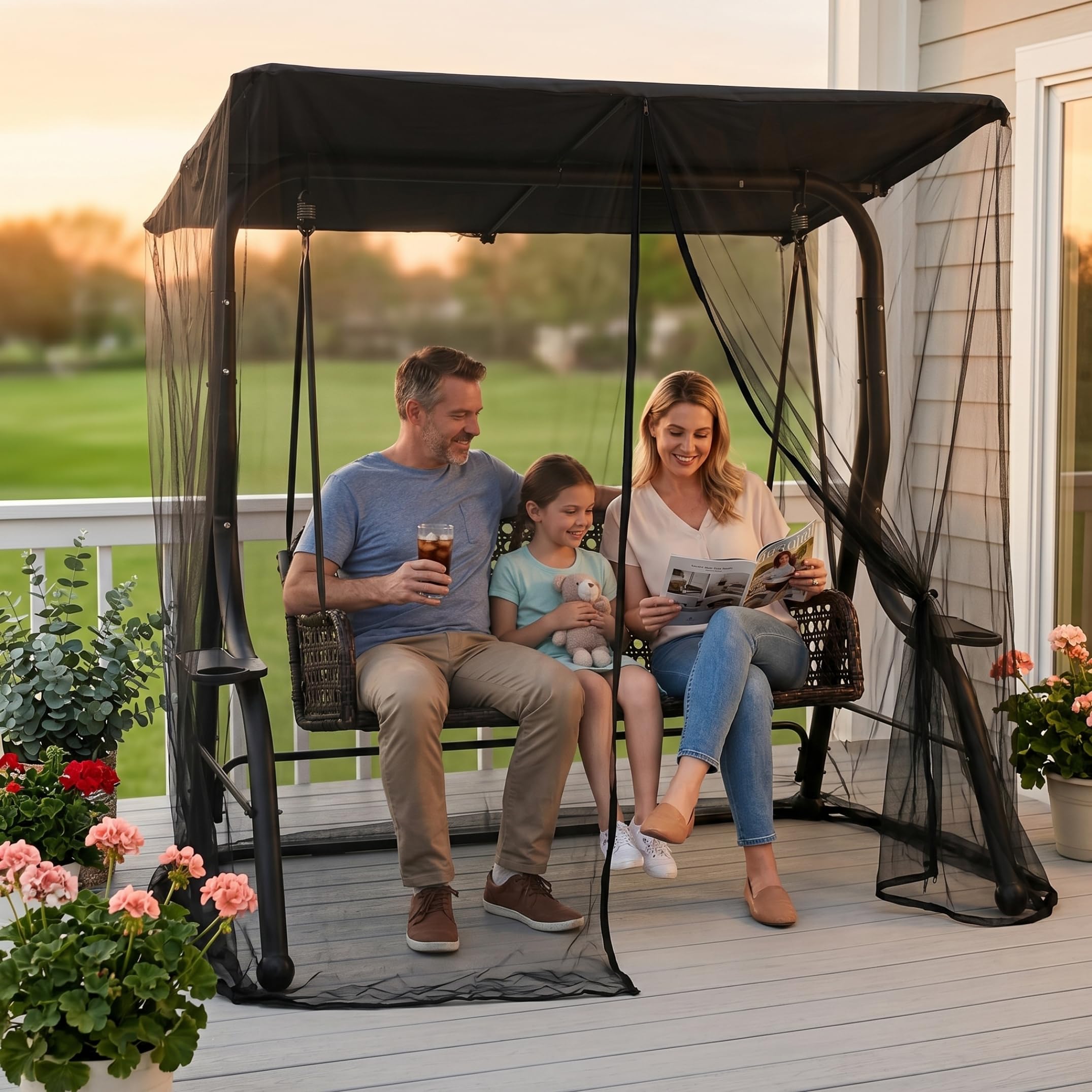 Moustiquaire de terrasse pour Porche, balancelle 3 Places avec auvent imperméable, Anti-Insectes, Noire, 2 m (6, 73 pi)