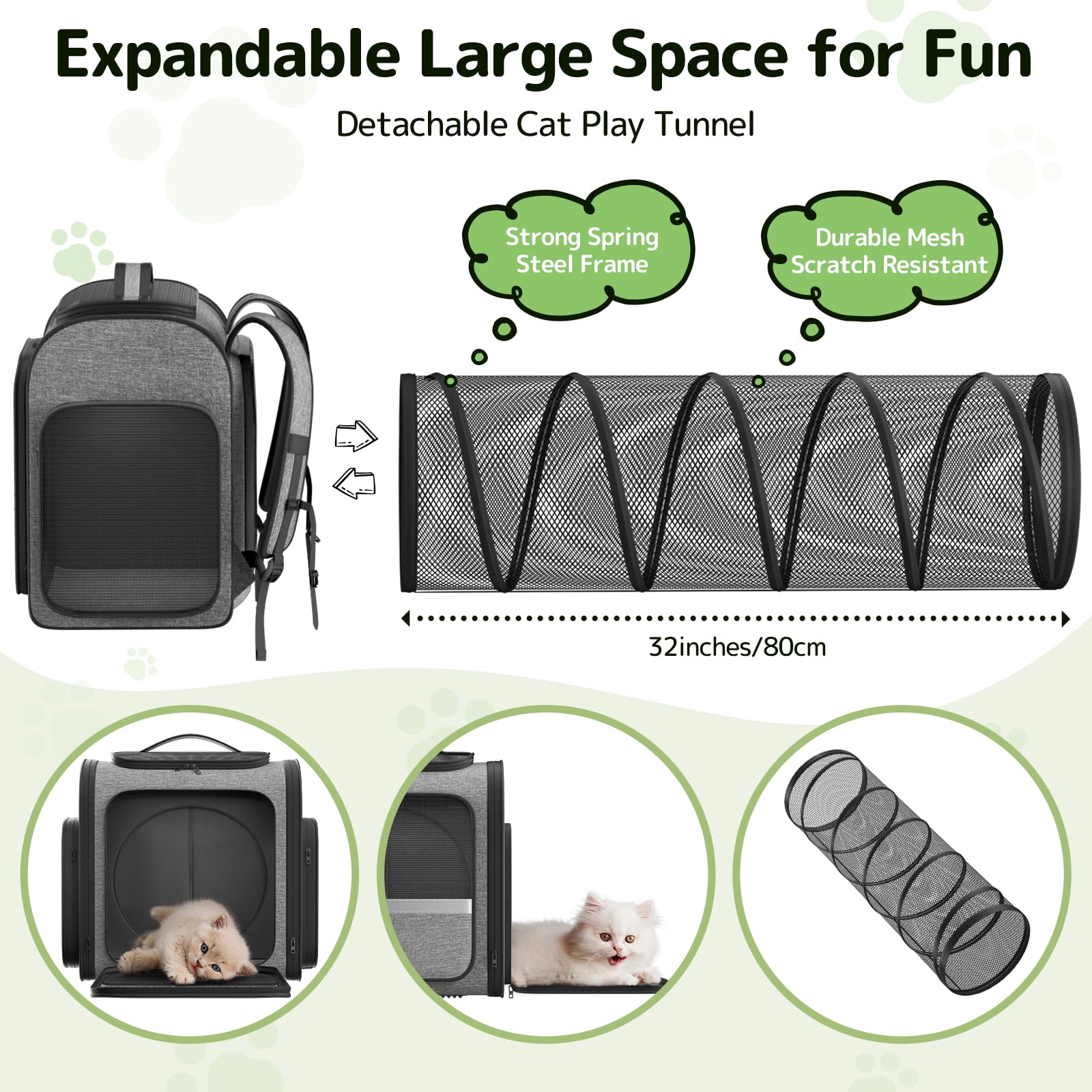 Pawtners Sac à Dos de Transport pour Chat avec Tunnel de Jeu Extensible, approuvé par Les compagnies aériennes, pour Petits Chiens et Grands Chats jusqu'à 11,3 kg, Sac de Transport Pliable pour