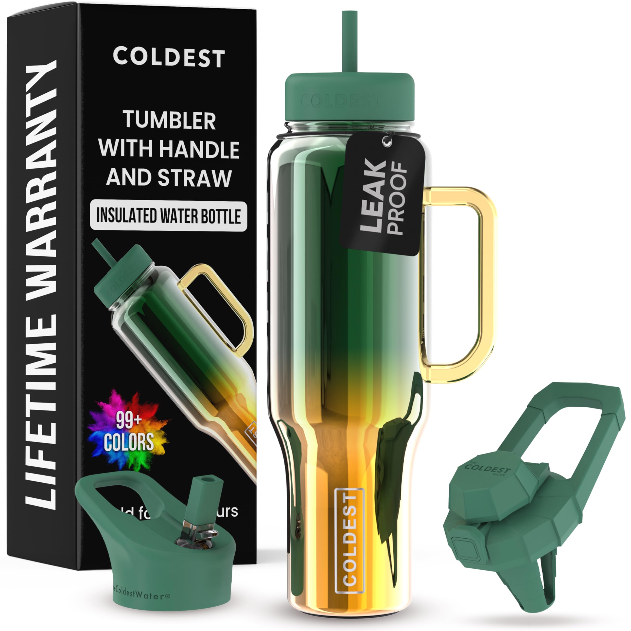 Coldest 40 oz Tumbler with Handle and Straw - 100% Spill Proof Tumbler with Straw (3 Lids) - Stainless Steel Insulated Leakproof Tumblers for Women & Men - Cup Holder Friendly - 46 oz (Atlantean Nova)