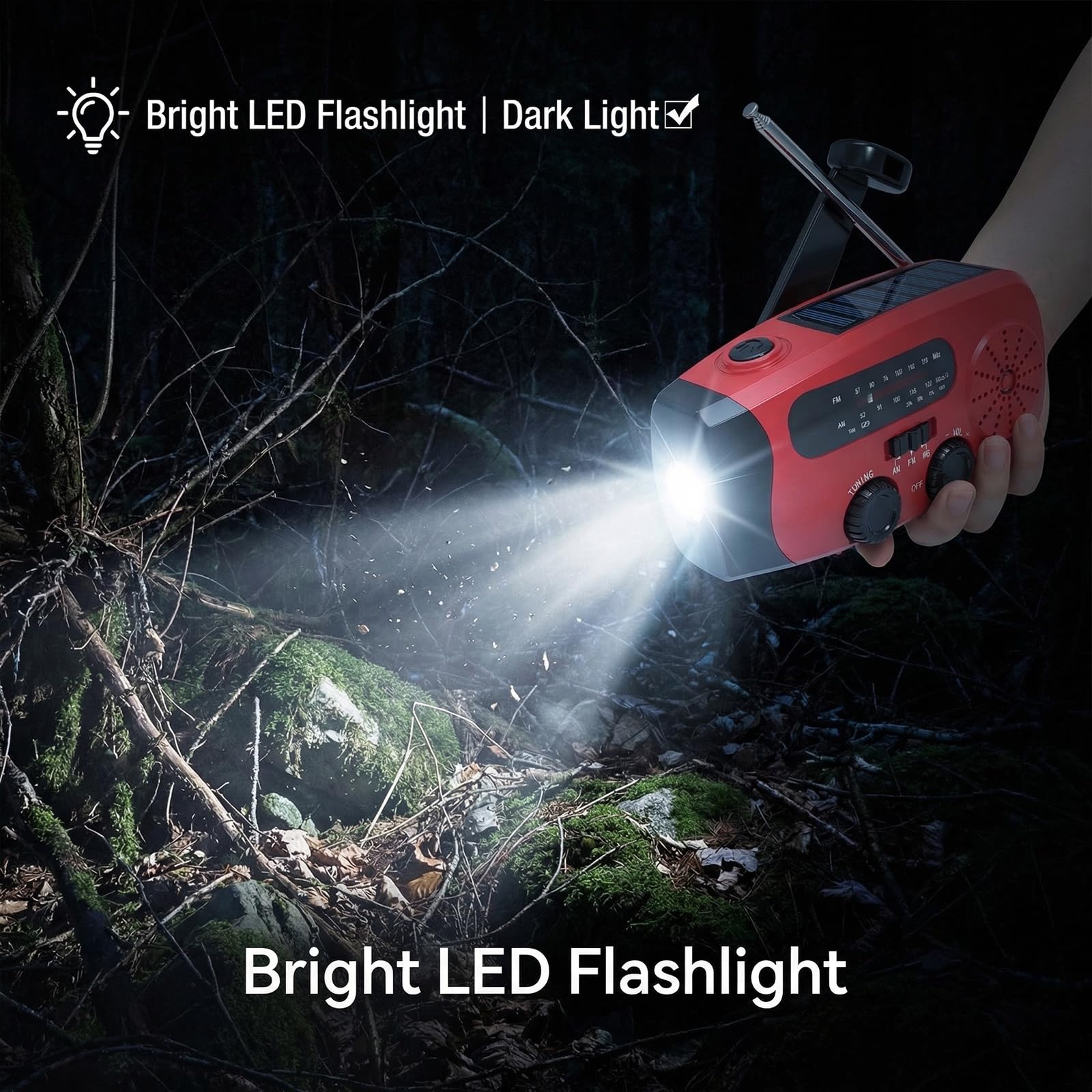 Kurbelradio mit Solar und LED Taschenlampe, 3-LED-Taschenlampe/AM/FM/Wetter/USB-Handyaufladung, Tragbar für Camping, Wandern & Notfallvorsorge