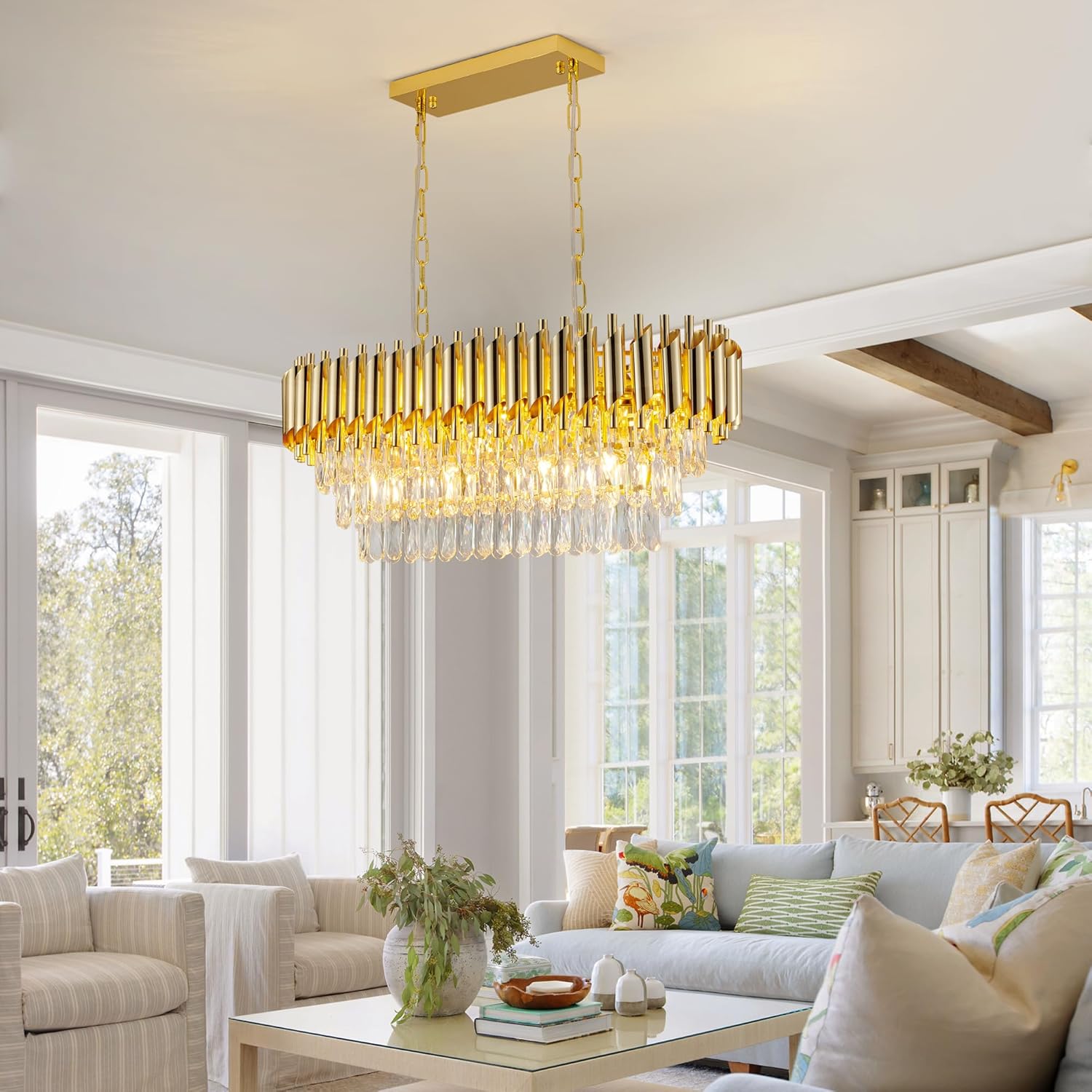 Gold Crystal Chandelier, Modern Oval Island Chandelier, Luxury K9 Crystal Kitchen Pendant Light L30.3 x H12.6 Glam 3-Tier Light Fixture for Dining Room, Living Room, Over Dining Table