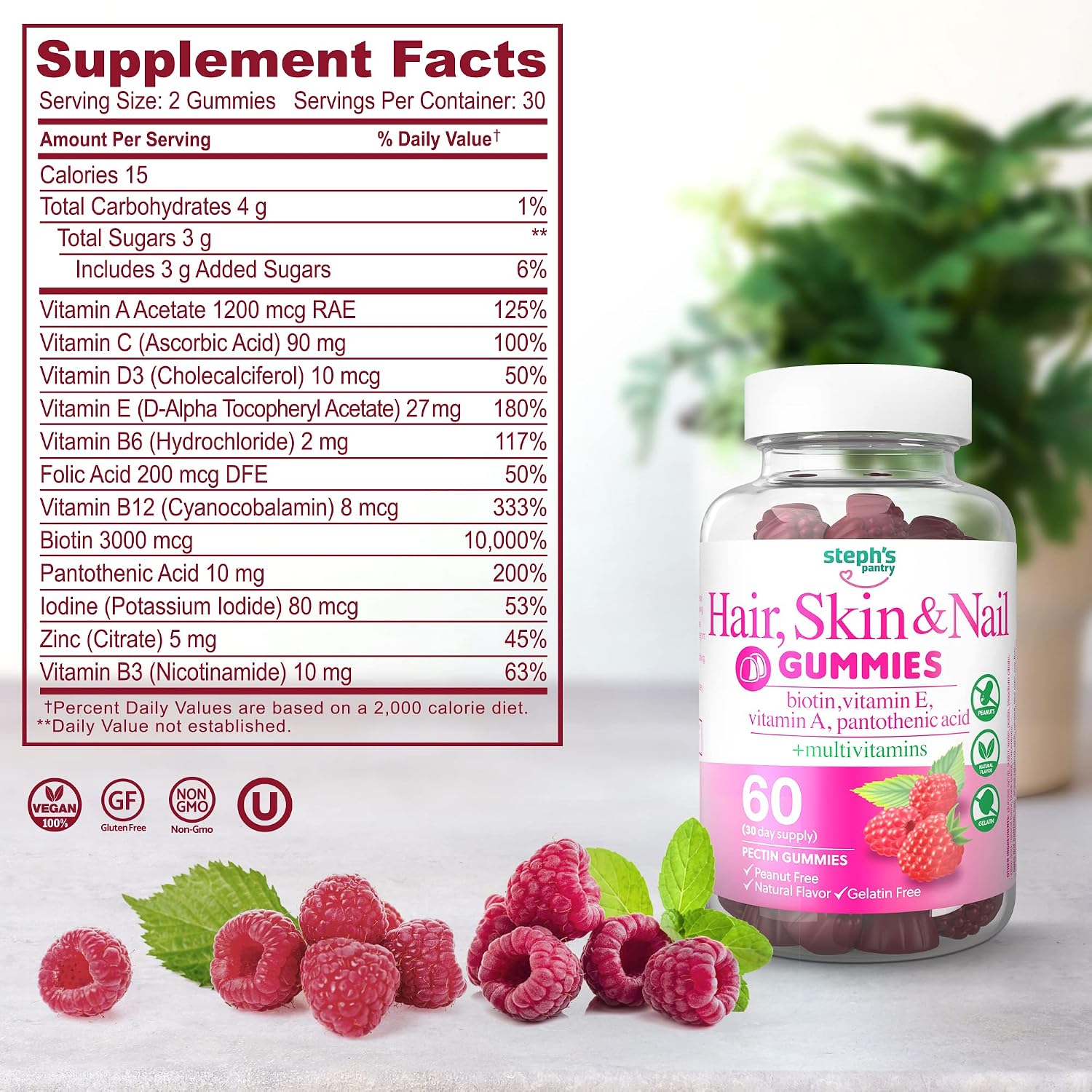 Steph's Pantry Biotin Gummies Gorgeous Hair Skin & Nails Daily Multivitamins Gluten Nut Free Non-GMO Plant Based Pectin crecimiento del Cabello biotina gomitas vitaminas piel 2 Pack