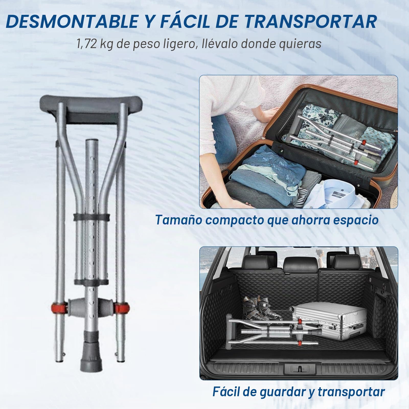 Muletas para axilas, 1 par de apoyos para antebrazos de aluminio con suaves almohadillas de agarre, altura ajustable, soporte para axilas, soporta hasta 150 kg, muletas plegables para discapacitados