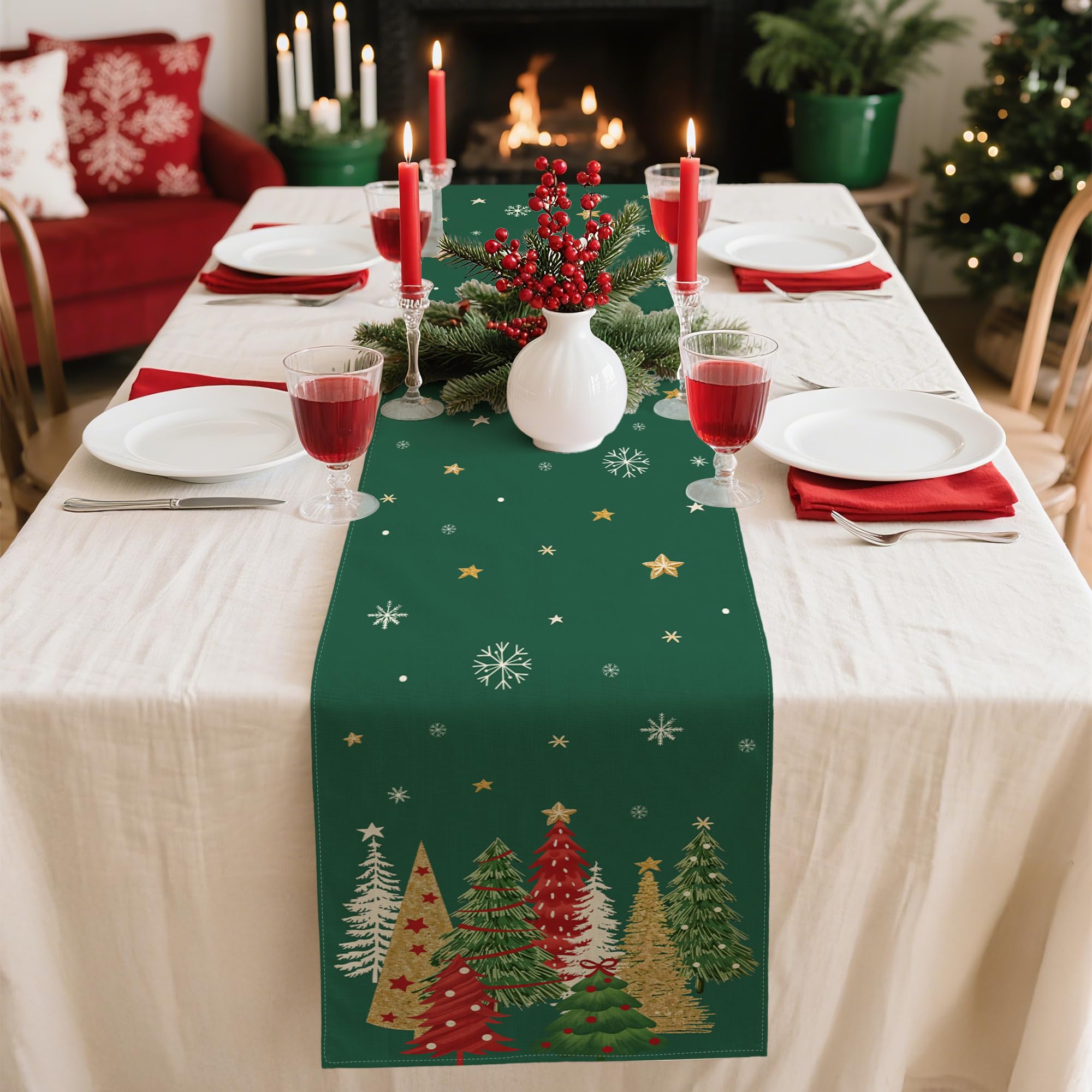 ZWJD Christmas Table Runner 40x100 cm Green Modern Christmas Decorations With Christmas Trees and Snowflakes Xmas Table Runner - Image 2