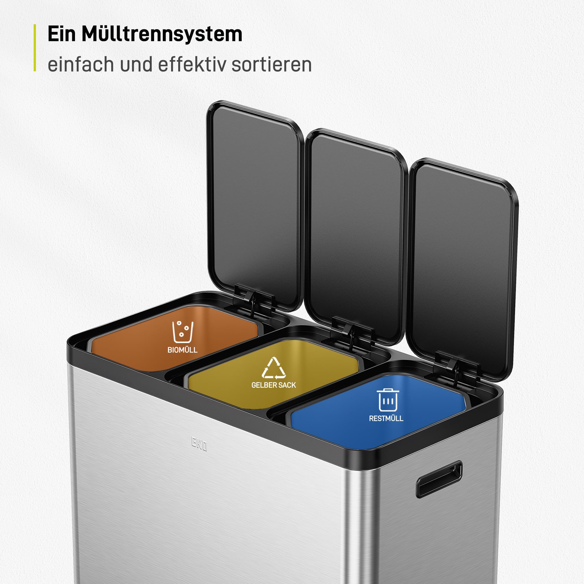 EKO Essential - Pattumiera a 3 scomparti, 3 x 20 litri, sistema di raccolta differenziata, con 20 sacchi della spazzatura, con coperchio, chiusura delicata e ermetica, in acciaio inox spazzolato