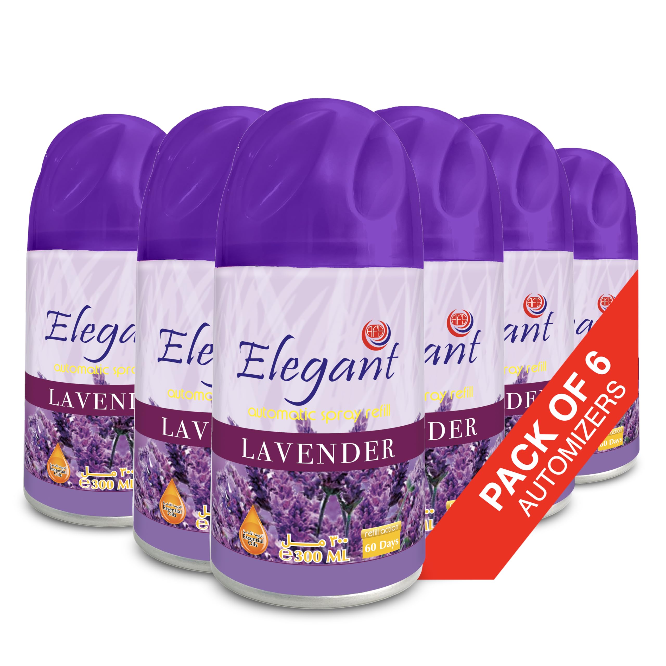 Elegant Automatic Spray REFILL – LAVENDER – 300ML – Pack of 6, 6-Pack (300ML x 6 Pcs) – Air Freshener REFILL for Home And Bathroom, Made With ESSENTIAL OILS (Pack of 6)