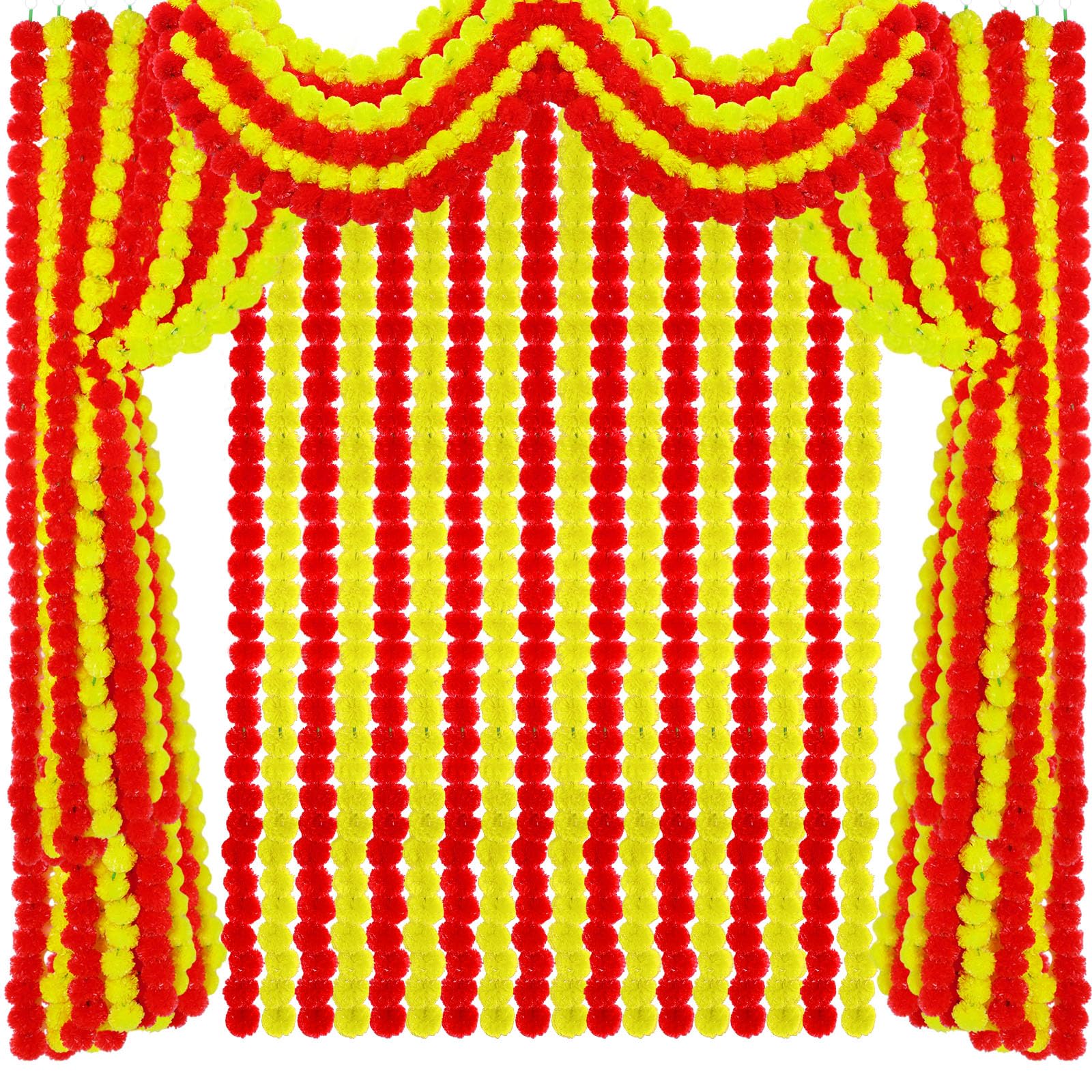 Tigeen Künstliche Ringelblumen-Girlande für Hochzeit, Party, Kaminsims, Dekoration, Hochzeitsgirlande, Diwali-Dekoration für Zuhause, Weihnachten, Gelb, Rot, 24 Stück, 1,5 m lang