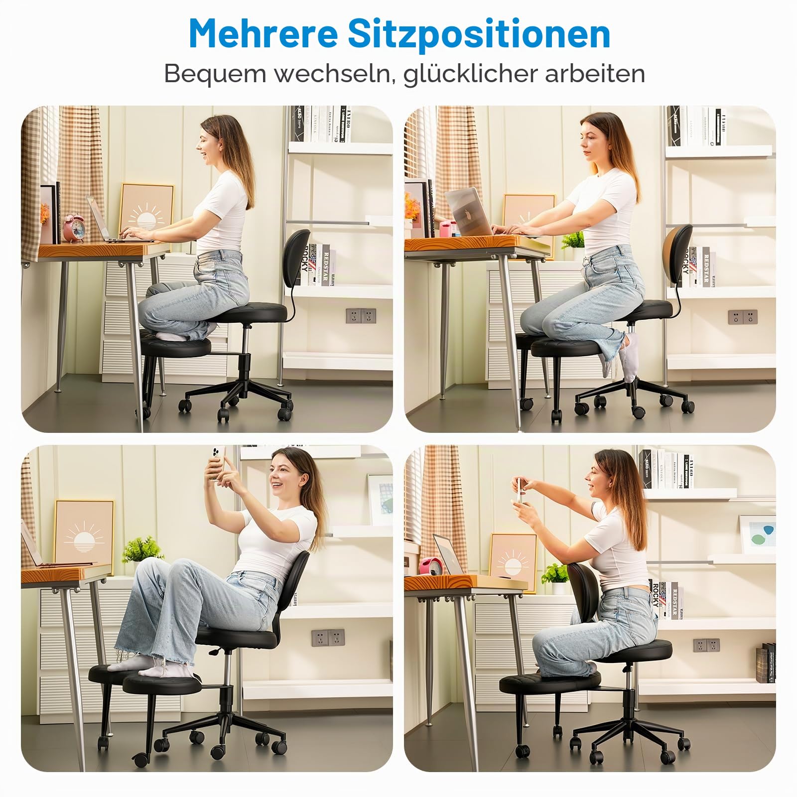 HOMRELEXA Bürostuhl mit Kreuzbeinen, 360° drehbar, Ergonomischer Kniestuhl, Criss Cross Schreibtischstuhl mit Verstellbarer Höhe, ADHS-Meditationsstuhl mit Rückenstütze, PU-Schräge Karos, Schwarz