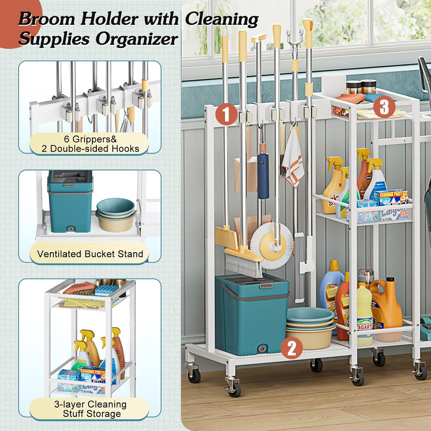 Broom Holder with Cleaning Supplies Organizer, Broom Closet Storage Cabinet with Cleaning Caddy Vacuum Stand, Cleaning Cart with Mop Hanger Gripper Rack Hook, Laundry Room Organization Home Essentials