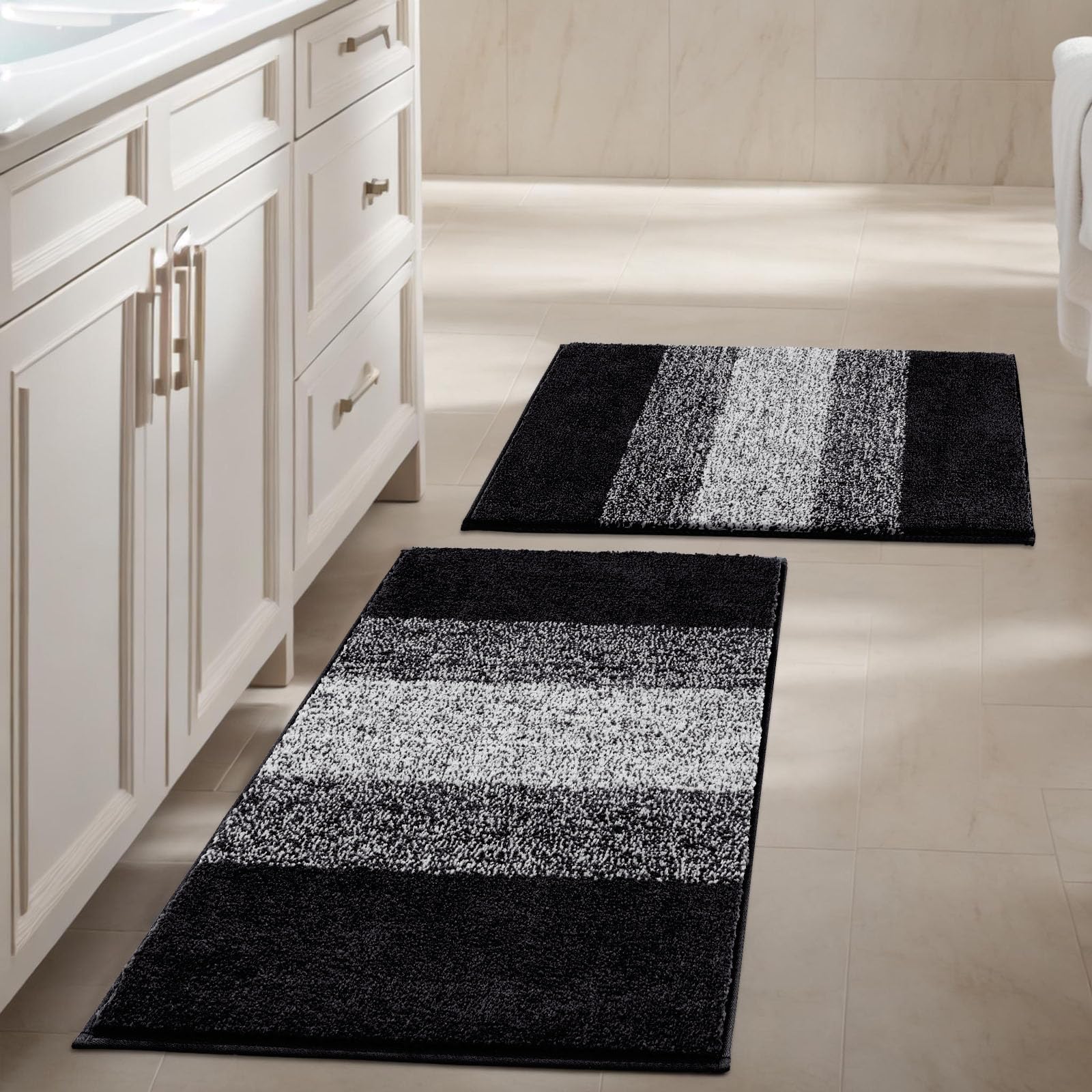 Vaukki Luxury Soft Bathroom Rugs Set of 2, Non Slip Washable Plush Bath Floor Mats, Microfiber Shaggy Absorbent Striped Bath Carpet for Tub, Bathroom and Shower (18''x26''+20''x32'', Black)