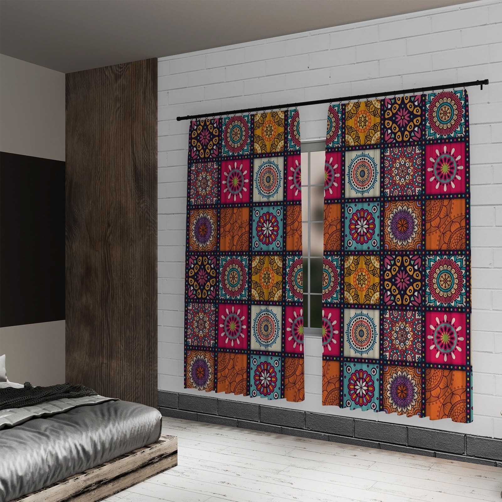 ggaimwf Boho Patchwork Curtain Mandala Abstract Pattern Hippie Moroccan Curtain Pencil Pleat Multicolor Window Decor Bedroom Dining Room Privacy Curtain Room Divider Rod Pocket 107x160cm 2 Panels - Image 3