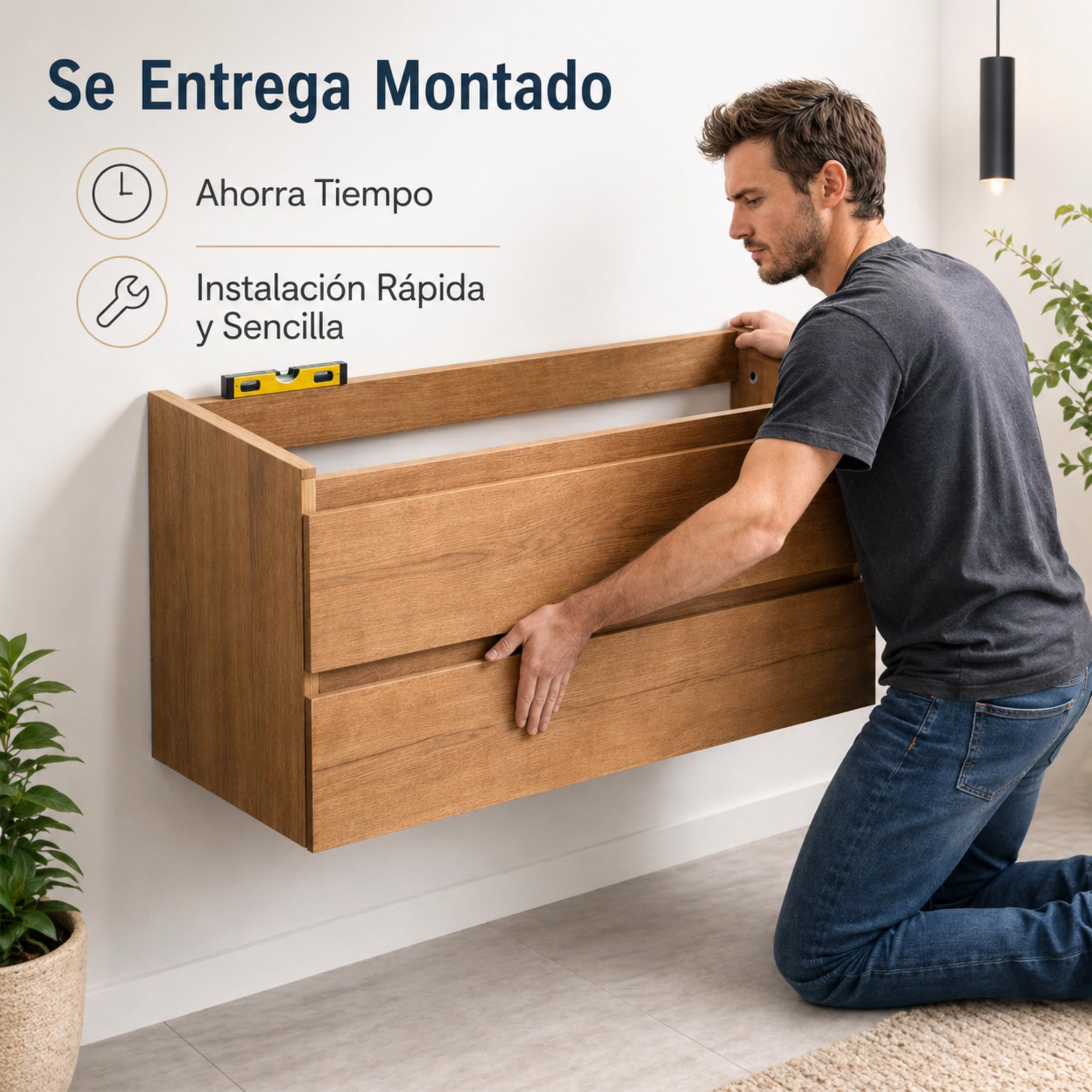 Mueble Baño con Lavabo sobre Encimera Y Espejo Mueble Suspendido De 2 Cajones con Cierre Suave Silent System Montado En Acabado Roble Gold 60 Cm Ancho 45 Cm Fondo 52 Cm Alto