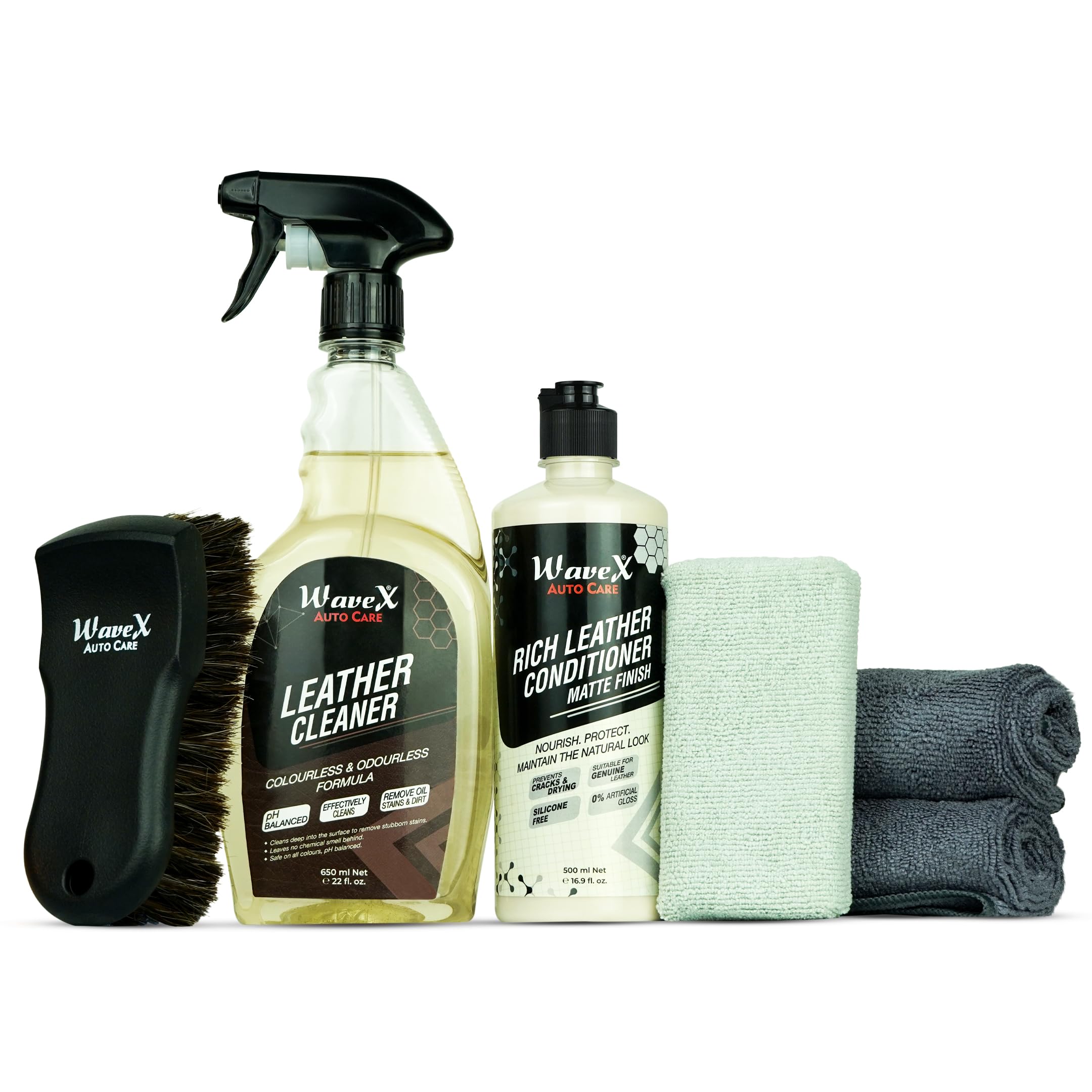 Wavex Leather Care Kit Includes Leather Cleaner 650ml + Leather Conditioner 650ml + Wavex Premium Horse Hair Brush + 2 Microfiber Cloth 40x40cm + Applicator Pad-image-22