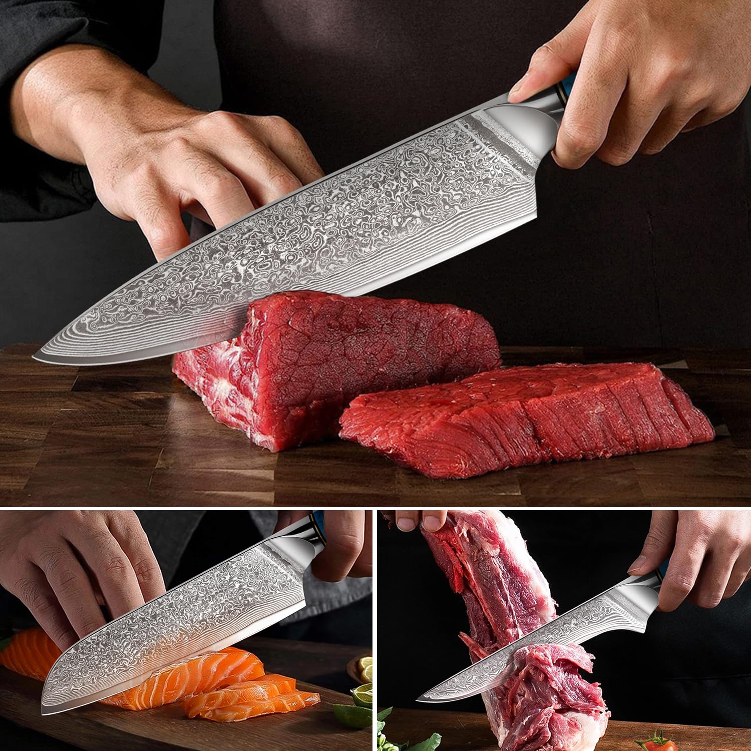 Home Safety Set Coltelli da Cucina 3 Pezzi, in 67 Strati di Acciaio Damascato Vg-10, Coltello da Cucina Professionali, Coltello Chef Manico Ergonomico in Resina Naturale, Confezione Regalo