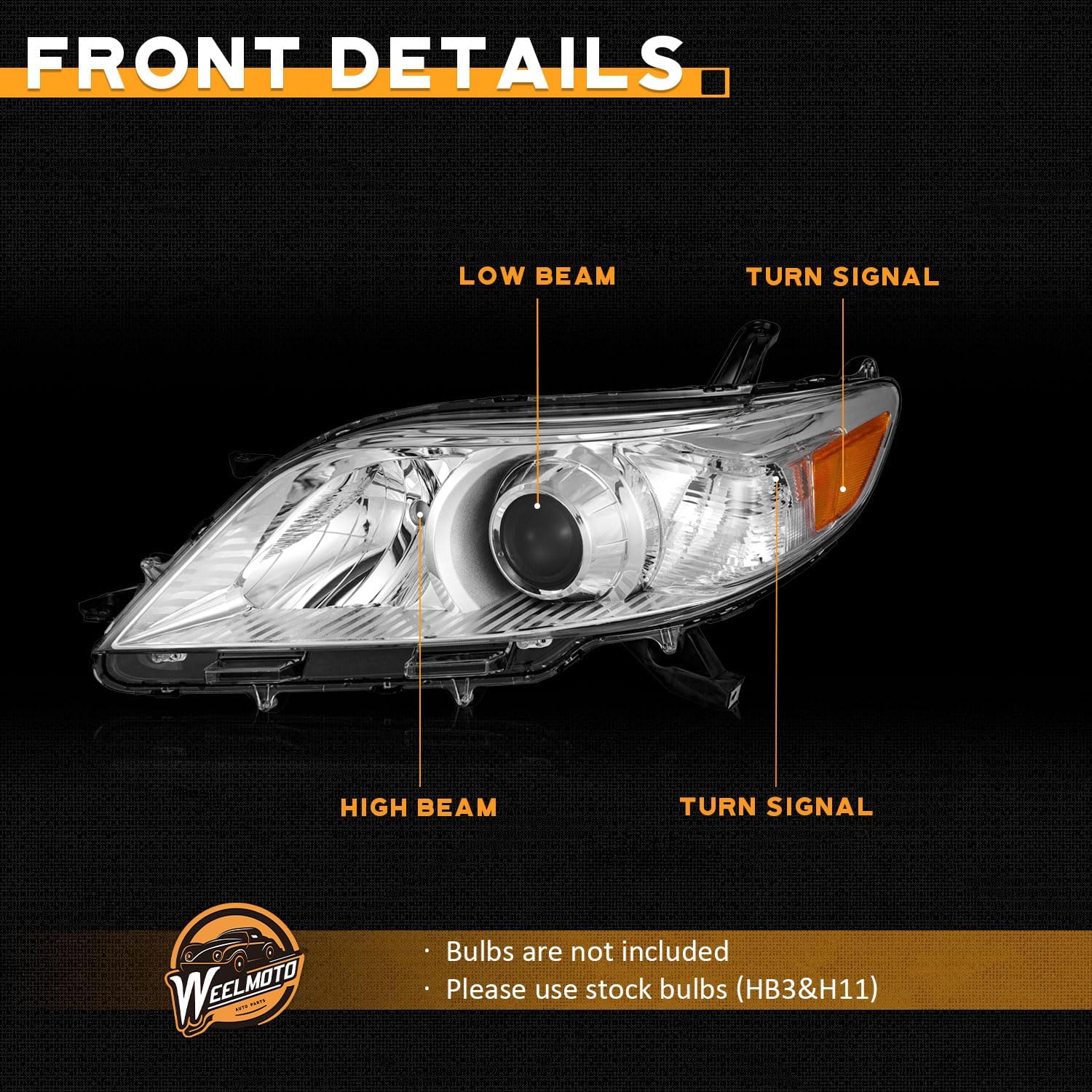 WEELMOTO Headlights Assembly Compatible with 2011-2020 Toyota Sienna Headlamp Replacement Chrome Housing Amber Reflector Driver & Passenger Side
