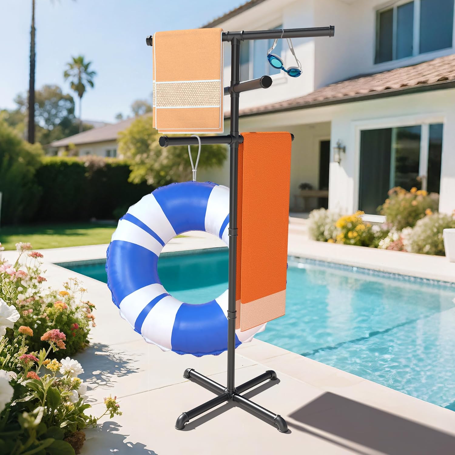 Hjarta Outdoor Towel Rack for Pool, 59 Inch Pool Towel Holder with 6 Bars, Poolside Towel Racks for Outdoor, Towel Drying Rack for Pool Area Outside, Bathroom, Spa, Hot Tub