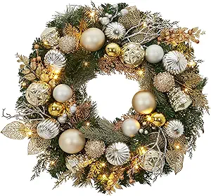 Garveehome 24 In Christmas Wreath With Lights for Front Door, Pre-Lit Christmas Wreath, Battery Operated, Lighted Xmas Door Wreath with Ball Ornaments for Christmas Door Fireplace Decor, Gold & Silver