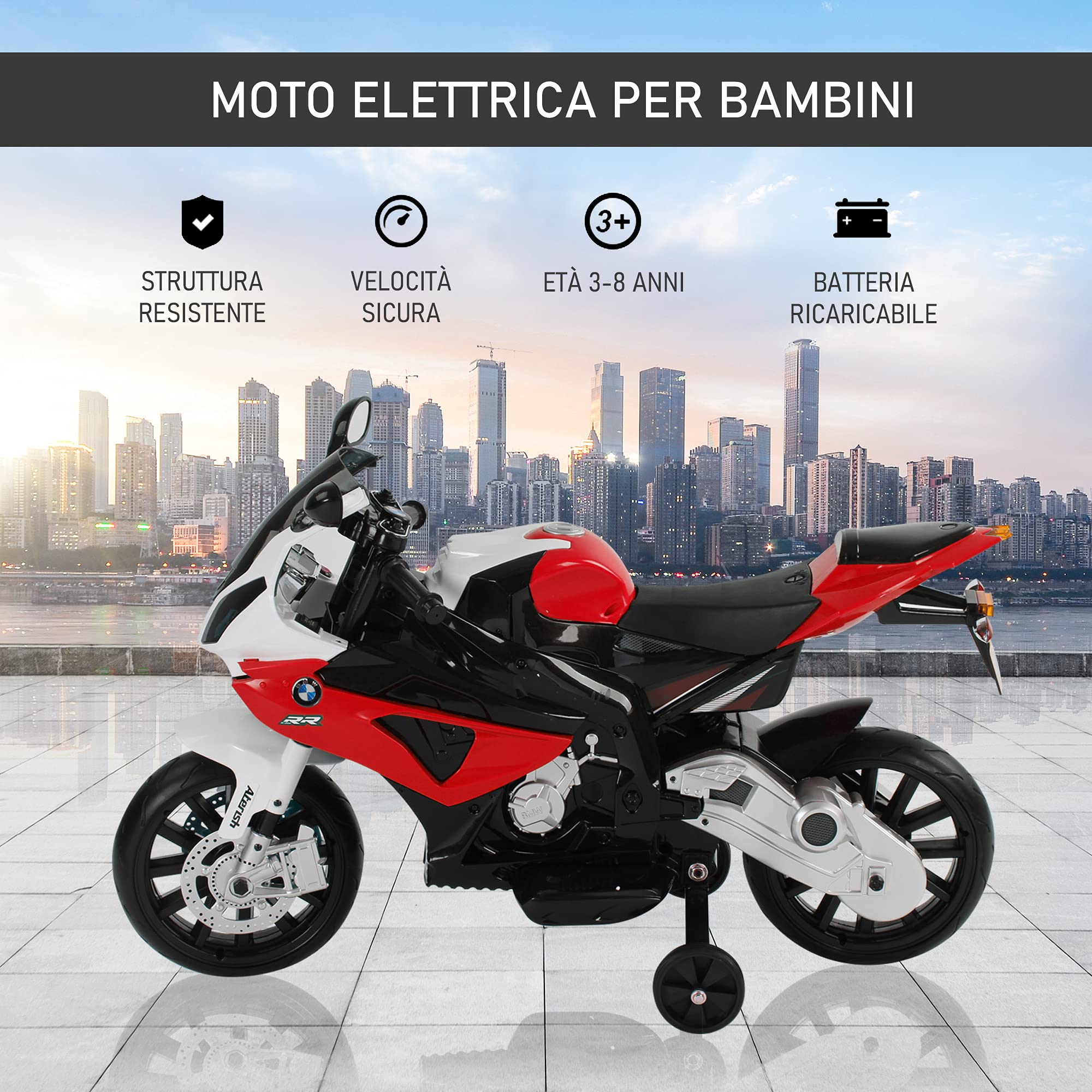 HOMCOM Moto Elettrica per Bambini 3-8 Anni con Licenza BMW, Velocità 2.5-5Km/h, Motocicletta Elettrica con Batteria 12V, Rotelle e Luci, 110x47x69 cm, Nero e Rosso