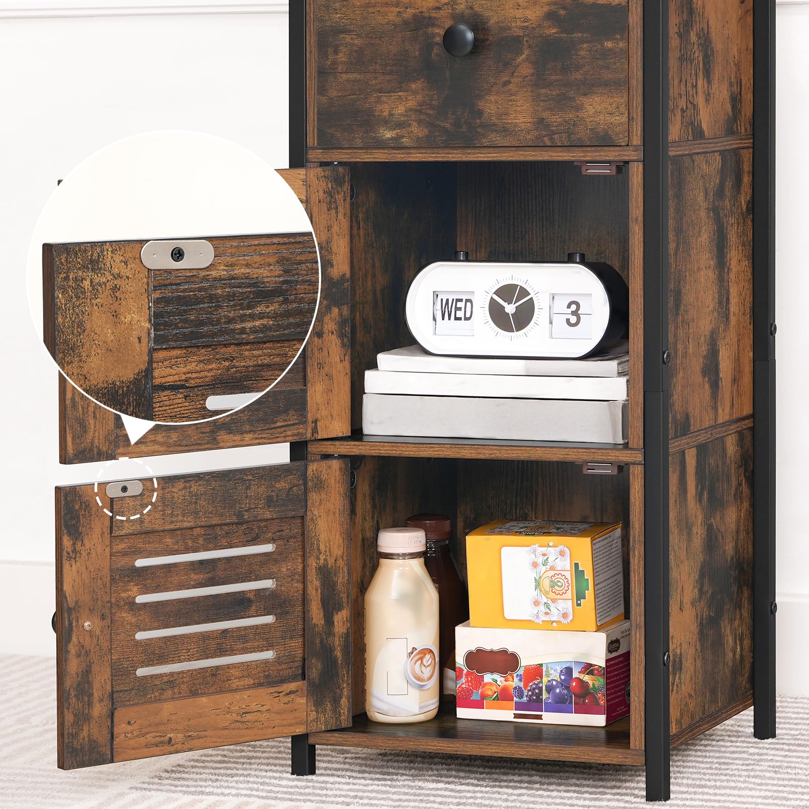 HOOBRO Beistellschrank mit Schublade, Kommode Schrank im Vintage-Stil, verstellbare Ablage, Kleiner Telefonschrank, für Wohnzimmer, Schlafzimmer, (30 x 34 x 75 cm) Dunkelbraun und Schwarz EBF15CW01G1
