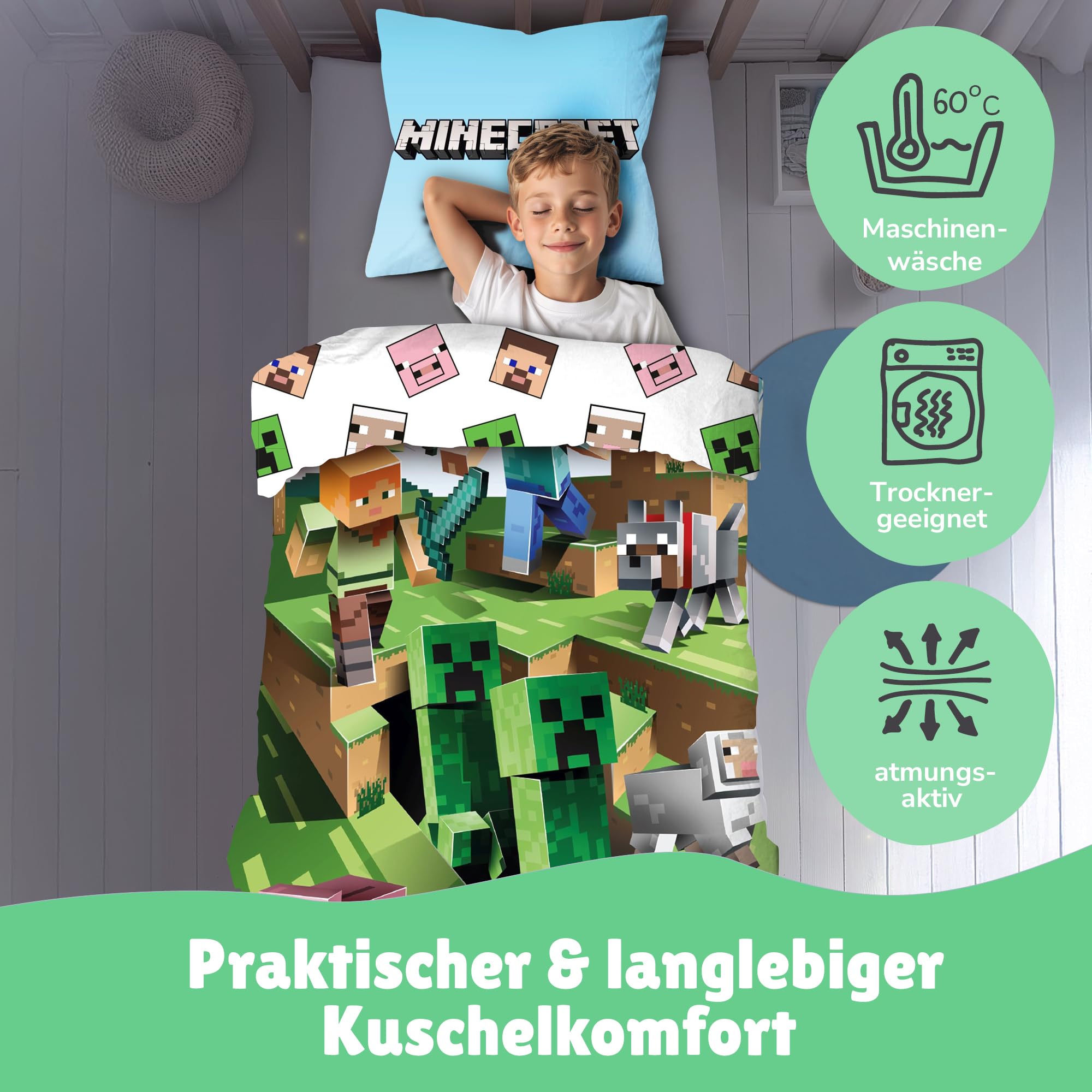 Character World Wende Bettwäsche-Set Minecraft, 135x200cm + 80x80cm, 100% Baumwolle, grün Motiv Craft Blöcke TNT und Spitzhacke Battle, Mehrfarbig