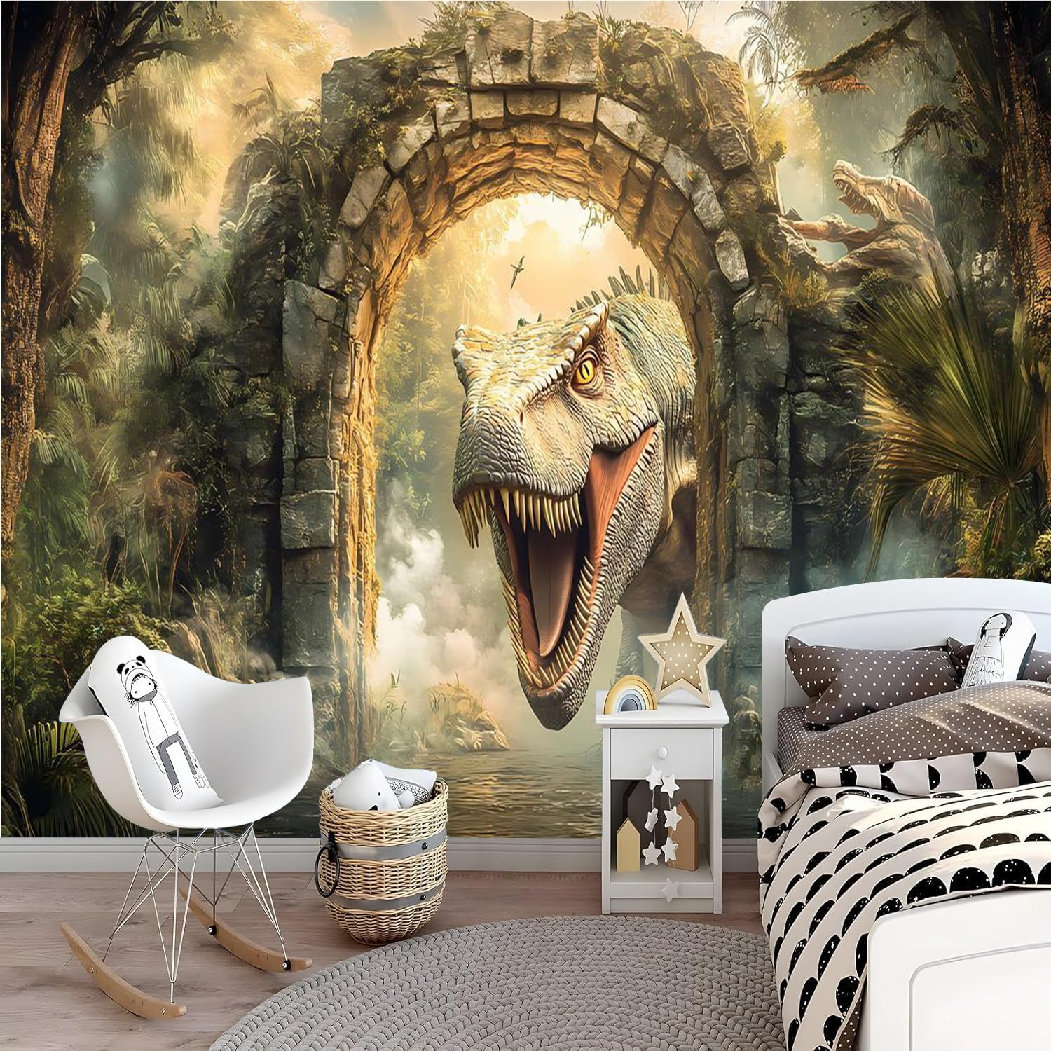 Papel Pintado 3D Dinosaurio Papel Tapiz Fotomural 350x256cm Selva Animales Papel Pintado Panorámico no Tejido Formato Grande Decoración Mural para Salón Dormitorio Oficina 3U18