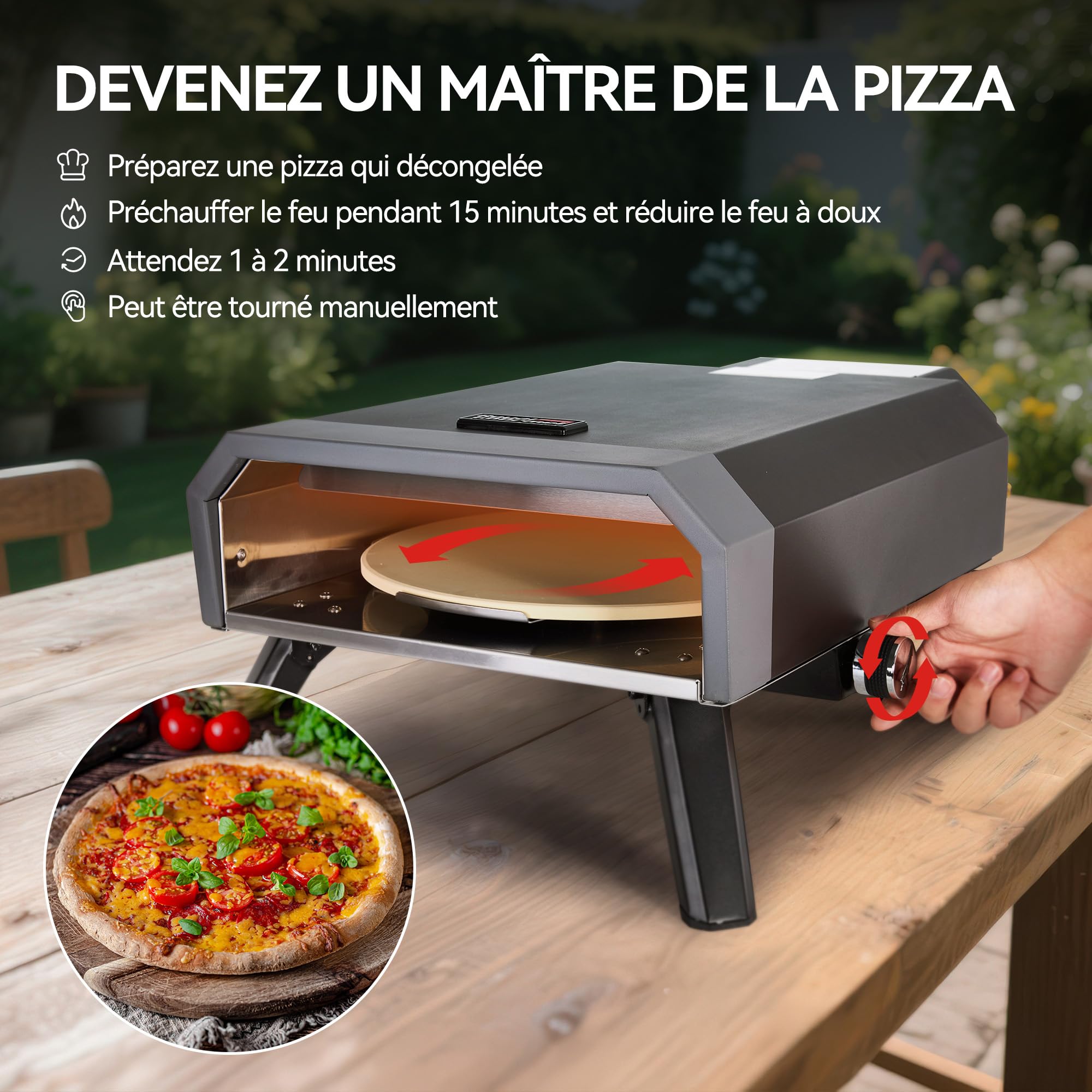 Royal Gourmet Four à Pizza Gaz Extérieur, Barbecue à Pizza de 4 KW avec Pierre Pizza de ⌀33 cm, Allumage Automatique et Pieds Pliables pour Le Jardin, Le Camping, Noir