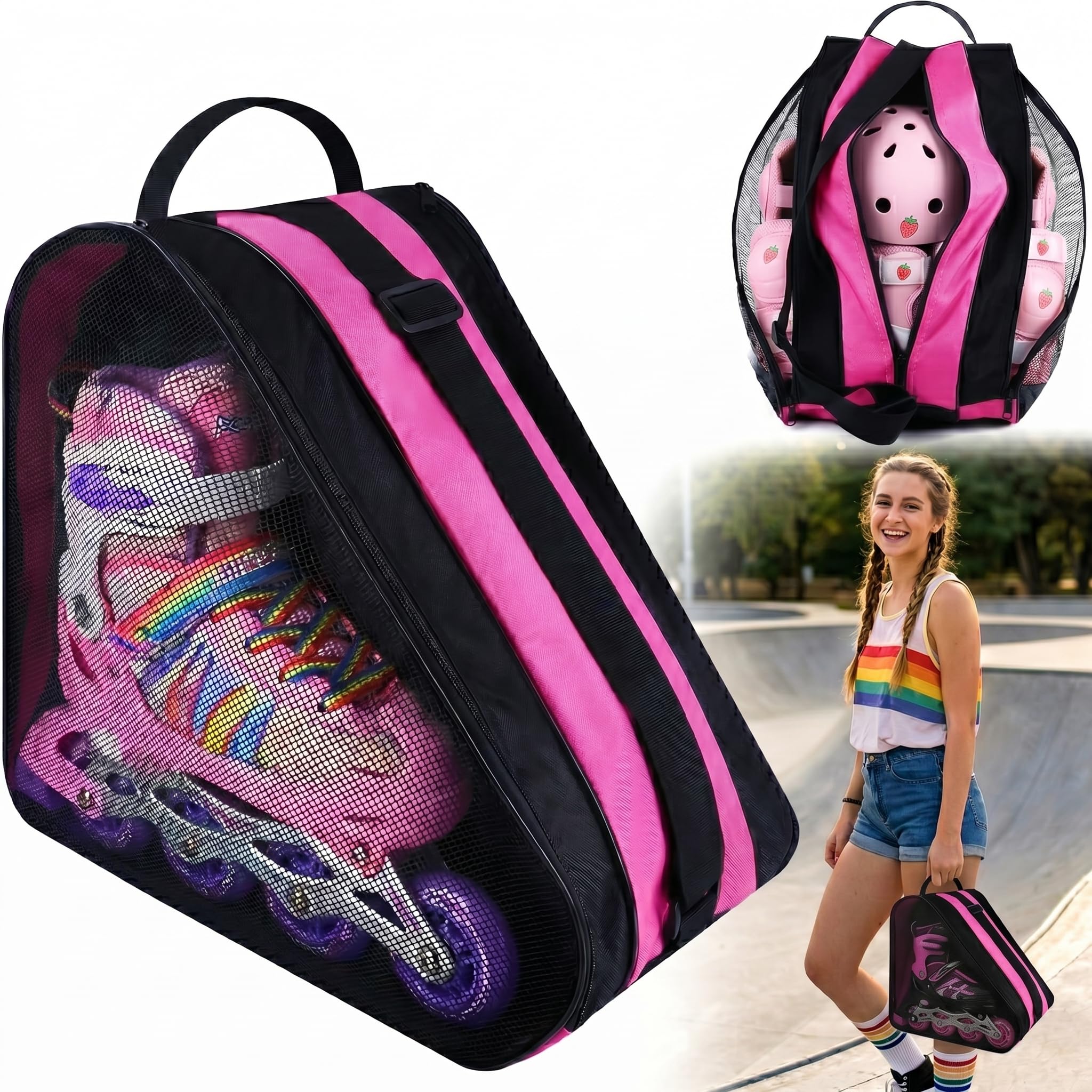 LYKIN Ice Skate Bag & Roller Skate Bag, Heavy Duty Oxford Cloth Carry Bag with Adjustable Shoulder Strap Tote, Multi-Pocket Accessories Storage for Adult Kids Womens Mens (Pink)