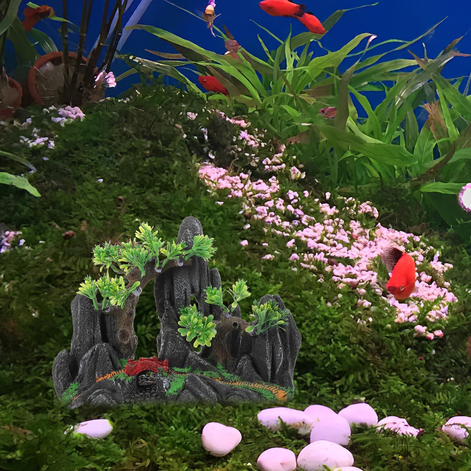 Künstlicher Aquarium Berg aus Kunstharz mit Fisch Versteck Hohles Design für Natürliche Unterwasserlandschaft Dekoratives Zubehör für Fischbecken in Grün