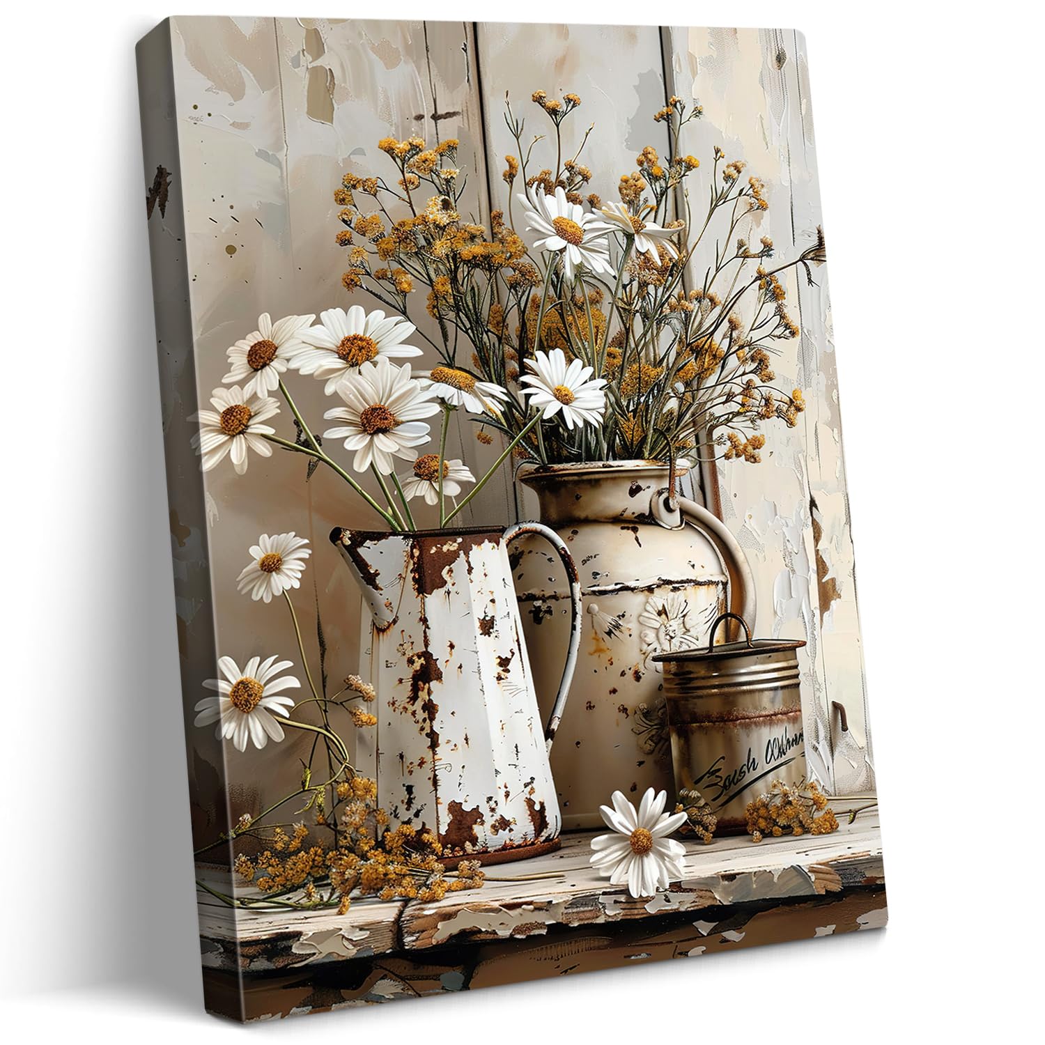 vandlife Rustic Flower Canvas Wall Art Vintage Daisies in Weathered Metal Jug with Distressed Wood Texture Warm Earth Tones Farmhouse Oil Painting