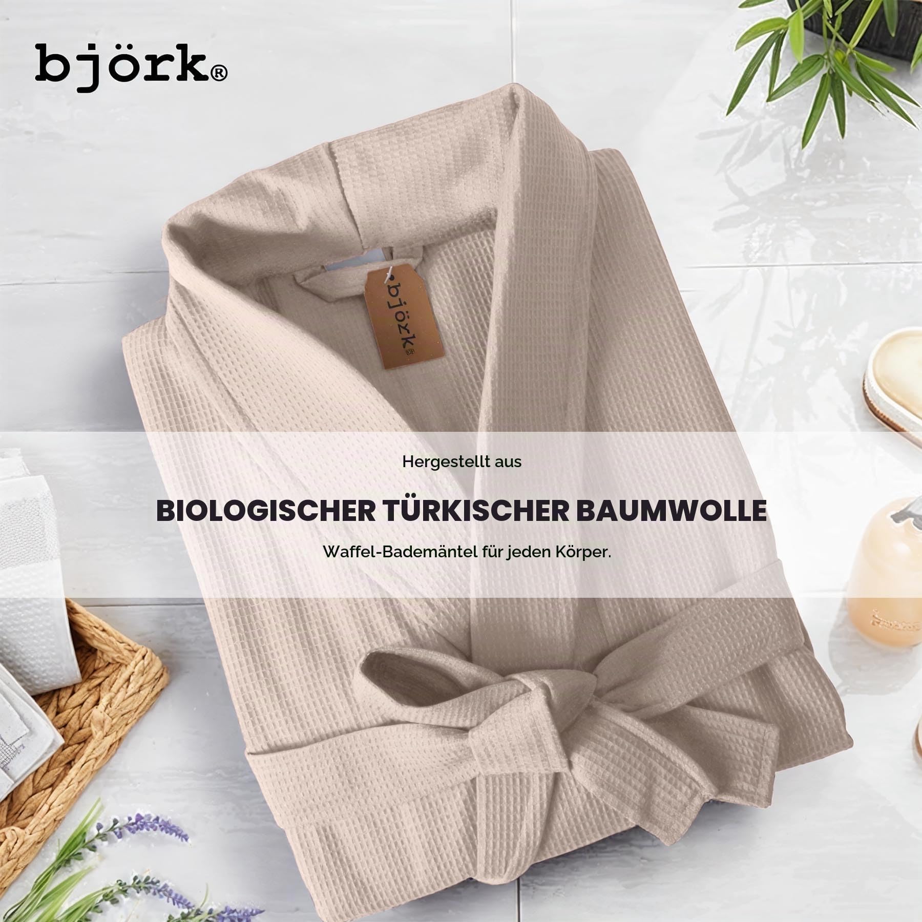 Björk Waffel-Bademantel für Damen und Herren – 100% Baumwoll-Frottee, leicht und saugstark mit Schalkragen und Bademantelgürtel – perfekt für Spa, Zuhause und Hotel