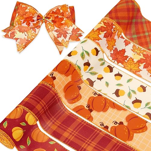 Whaline 6 rollos de cinta de otoño de 30 yardas con borde con alambre de otoño, a cuadros, calabaza, arce, cinta de envoltura de Acción de Gracias,