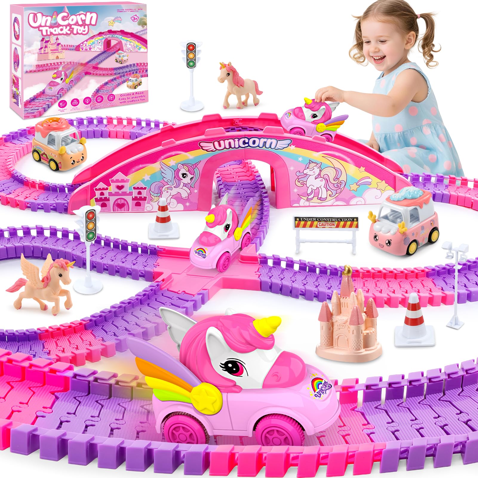 iKidiki Unicorno Bambina Regalo 3 4 5 6 7 8 Anni, Pista Macchinine | Giochi Bambina 3-8 Anni Femmina Piste Macchinine per Bambini Giocattoli Bambinas Gioco Bimba Regalo Bambinas Regali Natale