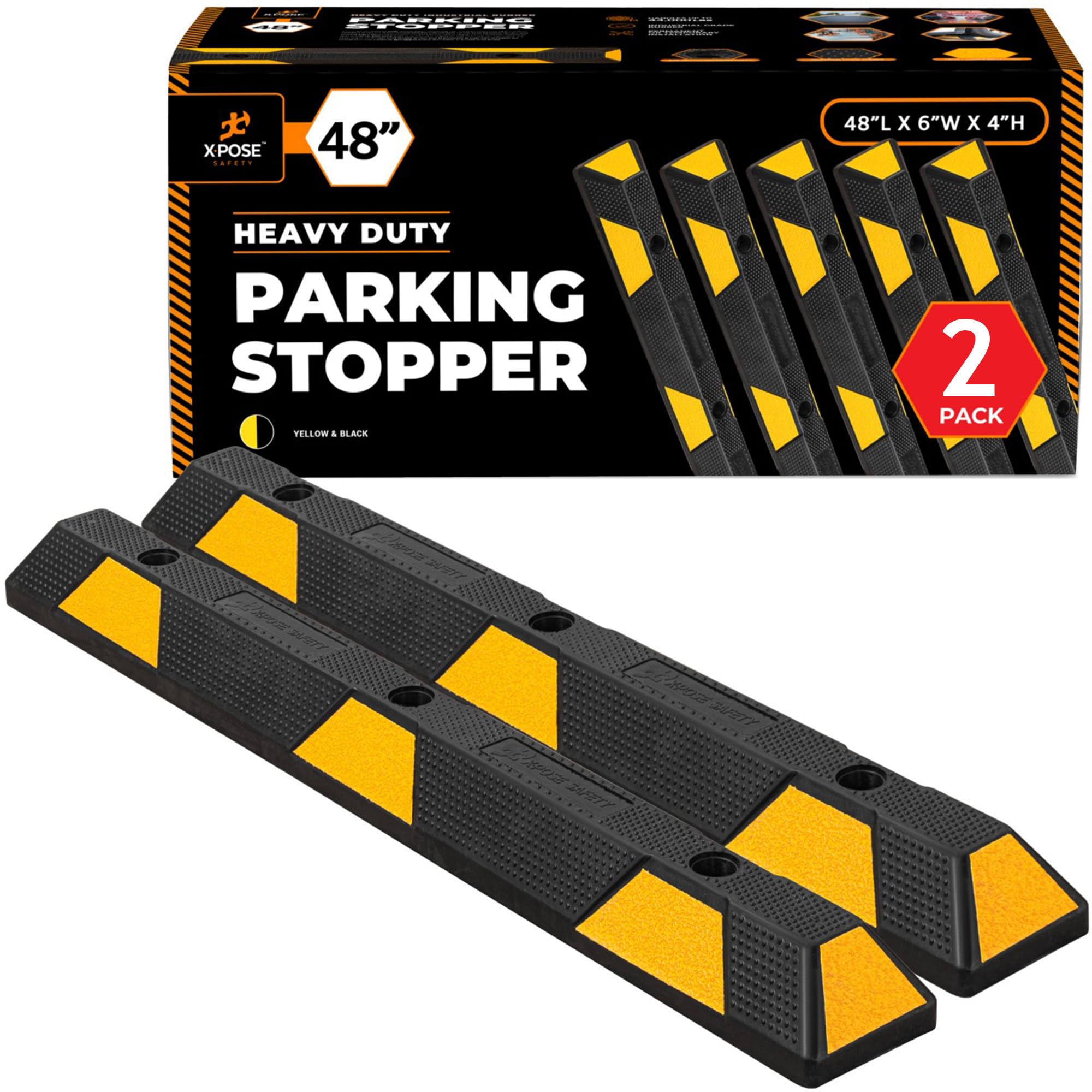 Xpose Safety 48" Heavy Duty Rubber Parking Stopper (2 Pack) – Wheel Stops, Parking Lot Bumpers &amp; Rubber Parking Curb for Garage, Driveway or Ramp – Car Bumper Stops with Yellow Reflective Strips