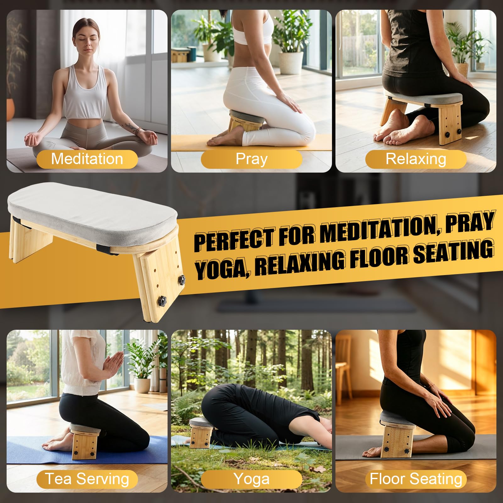 Banco de Meditación Plegable, Taburete ergonómico de bambú para Yoga, Taburete de meditación con cojín, Silla de meditación portátil con Bolsa de Transporte para arrodillarse, oración