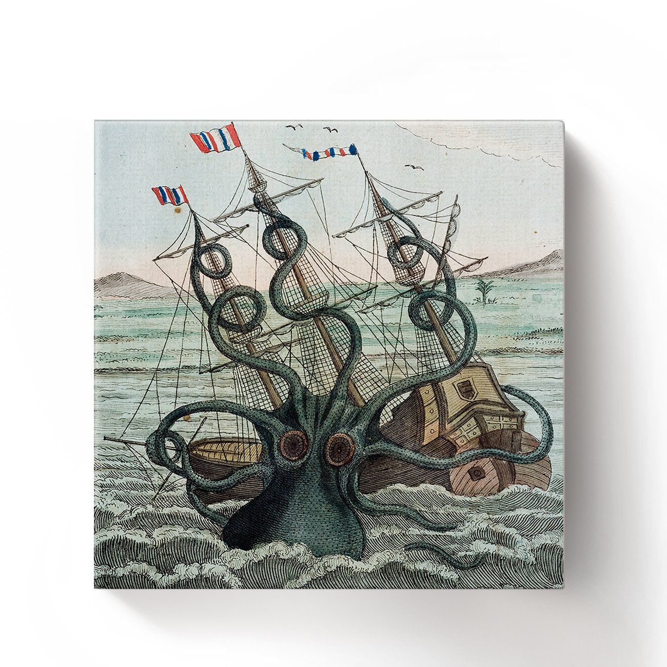 ALAGO Framed Wall Arts-Octopus Kraken Attacks The Boat Giclee Canvas Prints Gallery Wrapped Modern Artwork Sea Monster Pictures Paintings for Home Decoration,Square,Ready to Hang