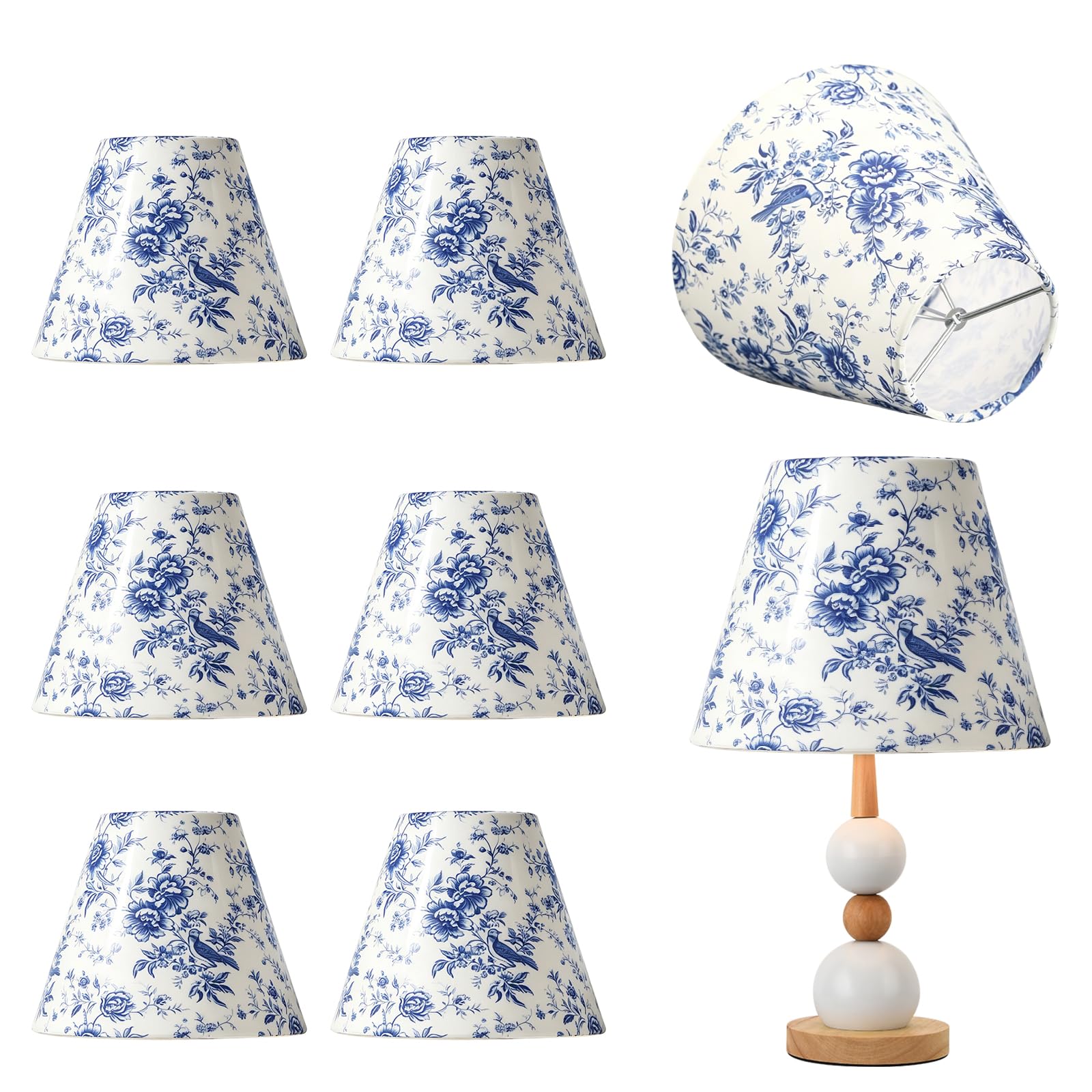 Lot de 8 abat-jours à clip, en tissu bleu et blanc, 15 x 13 x 7,5 cm, design floral, moderne, style simple, pour lampes à bougie, lustres, lampes de table, lampadaires, appliques murales, salons