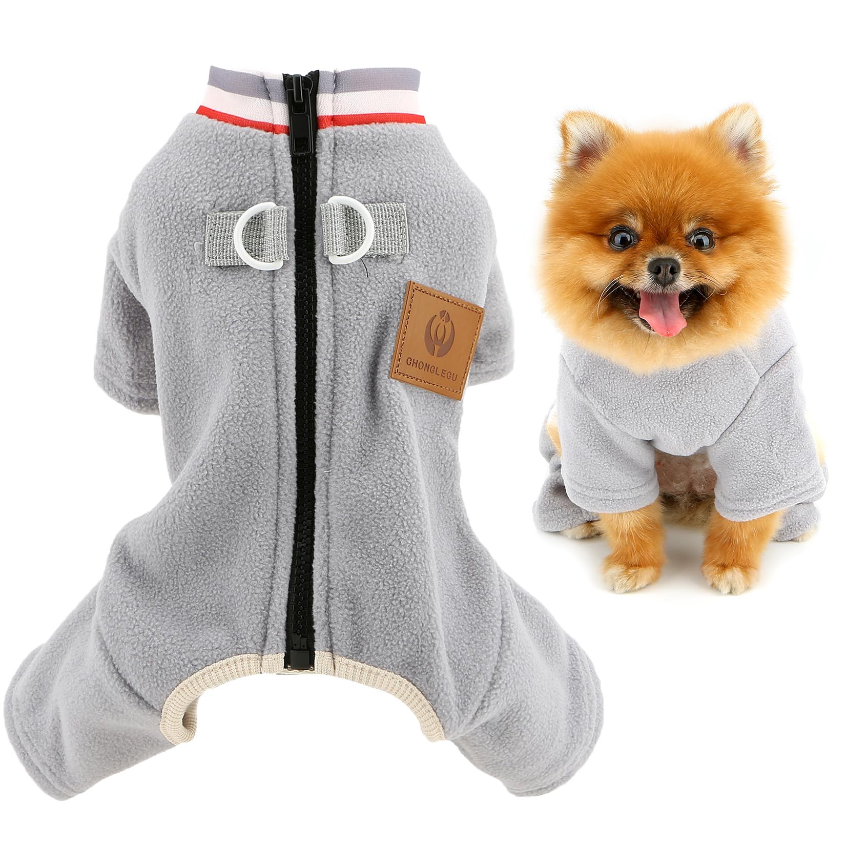 SMALLLEE_LUCKY_STORE Fuzzy Fleece Dog Pyjamas for Extra Small Dogs Warm Pajamas Solid Puppy Jumpsuit with Double D-Ring Turtleneck Zipper Back Winter Autumn Pjs Chihuahua Yorkshire Clothes, Gray, S