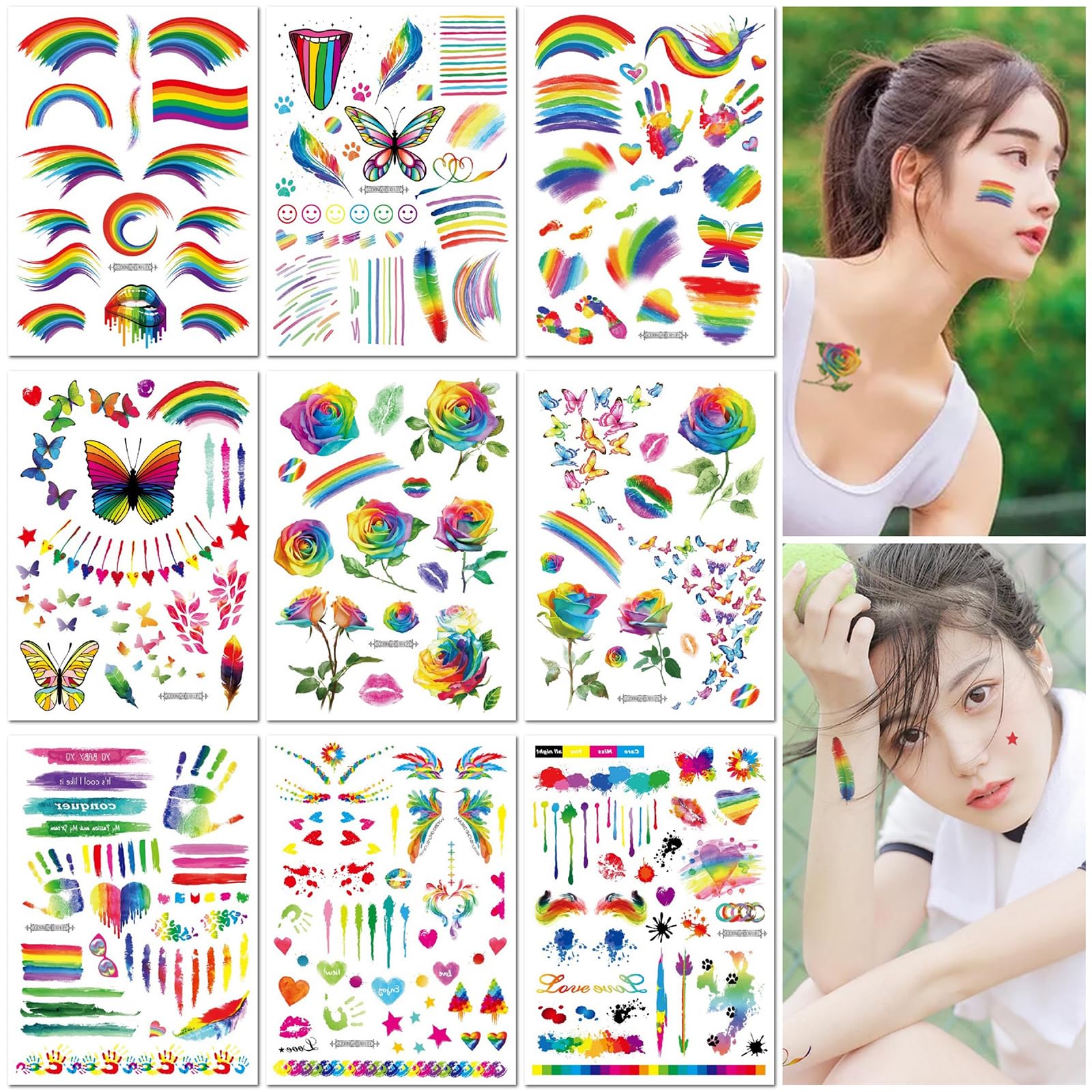9 Blätter Regenbogen Stil Blume Schmetterling Temporäres Tattoo Aufkleber für Gesicht Hals Körperkunst Wasserdicht Lang anhaltend Make-up für Frauen Mädchen