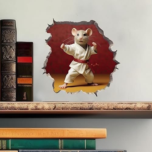 Miniatura 2 de Calcomanía de ratón de karate en agujero de ratón, adhesivo de pared 3D con agujero de ratón