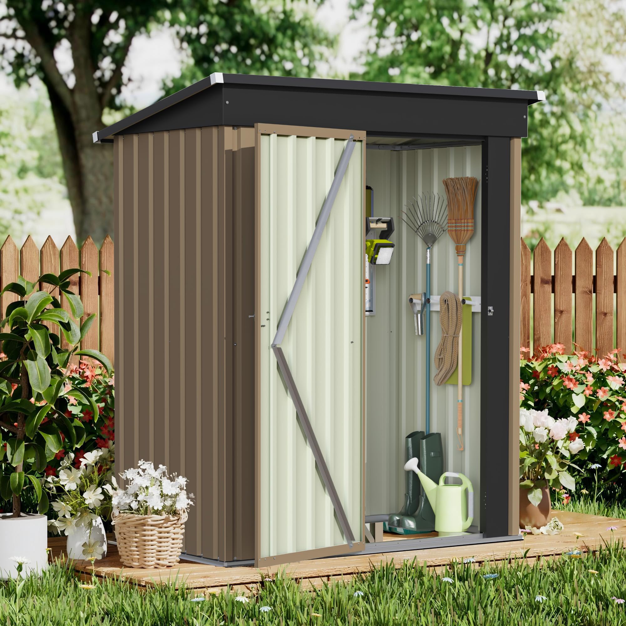 GUNJI 5 x 3 FT Shed Outdoor Storage Shed Metal Garden Shed with Lockable Door Outside Waterproof Tool Shed for Backyard, Patio, Lawn (Brown)