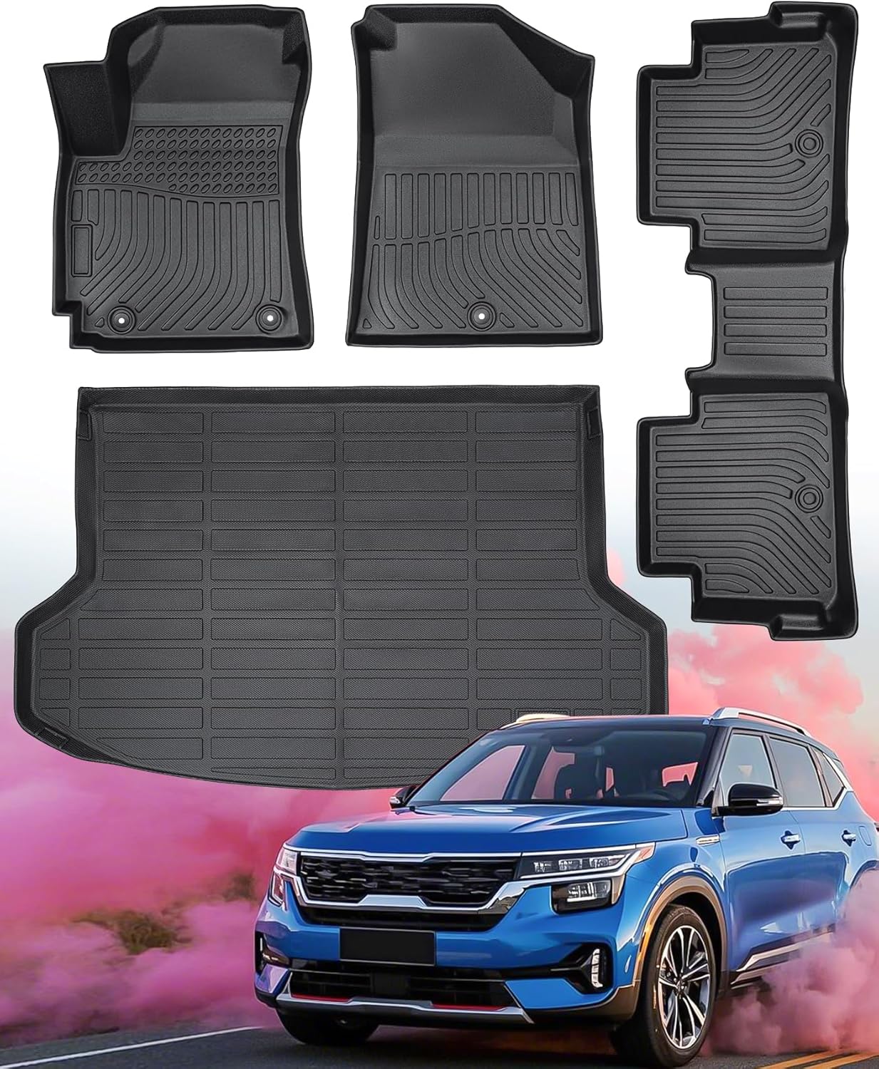 DrCarNow for Kia Seltos Floor Mats 2026 2025 2024 2023-2021,for Kia Seltos Floor Mat(Not SX Turbo Models), All Weather Rubber Car Mats Full Set Floor Mats & Trunk Mats Behind 2nd Row in Upper Position