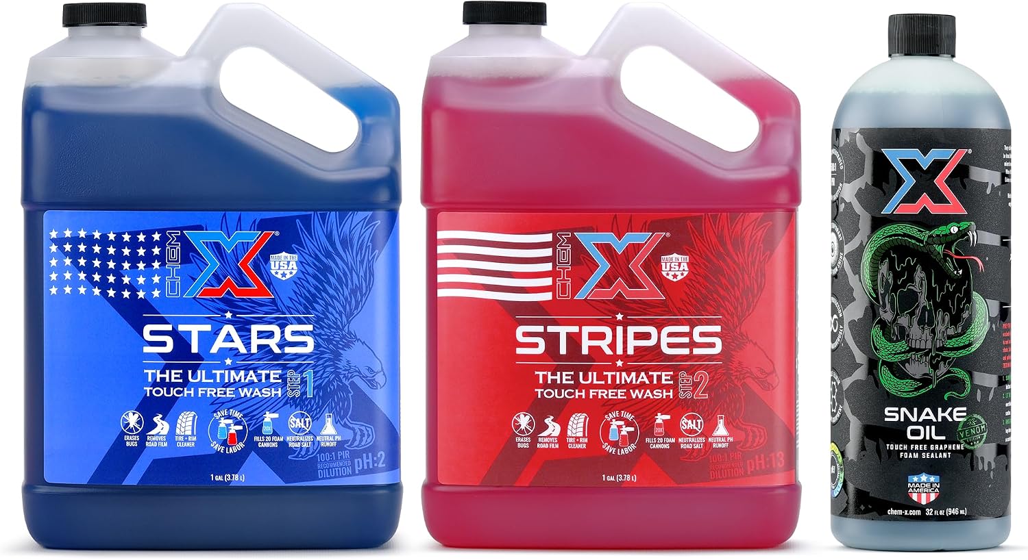 Chem-X Touch Free Clean + Seal Bundle: Stars and Stripes: The Ultimate Touch Free Vehicle Wash (2 1g) + Snake Oil Venom: Graphene Foam Sealant (32oz)
